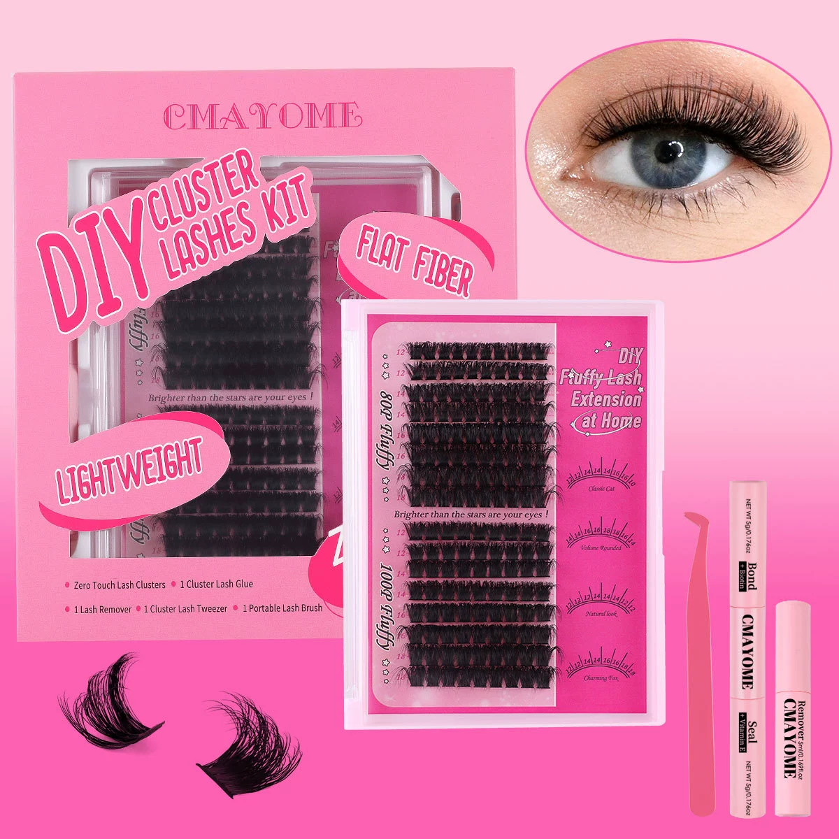 240Pcs Fluffy Lash Cluster Kit, 100P Thick Volume Eyelash Clusters, 14-20mm Wispy Eyelash Cluster Extensions Kit with Lash Bond and Seal, Tweezers, D Curly DIY Lash Extensions for Beginners