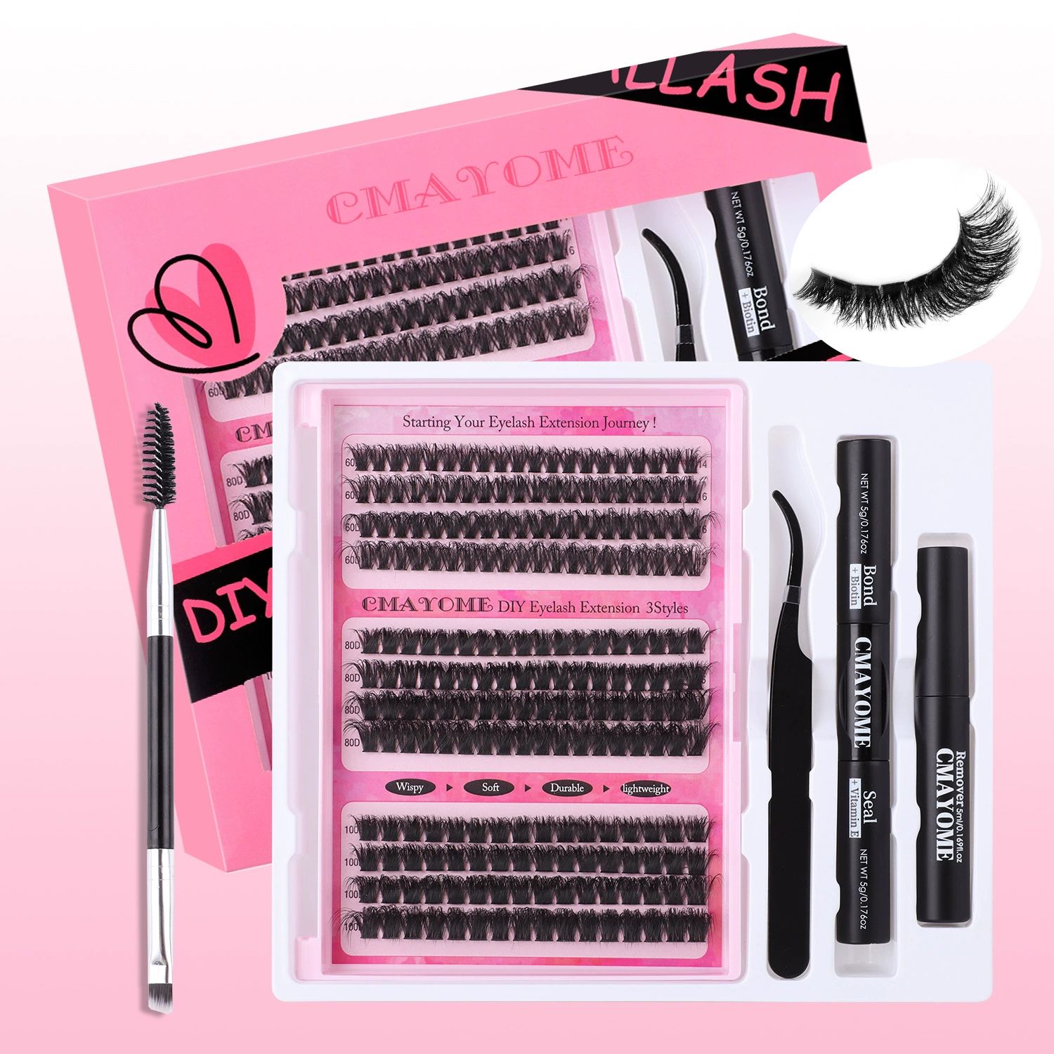 DIY Lash Extension Kit 148pcs, Curl Eyelash Extension Kit, with Applicator and Lash Bond&Seal and Tweezers and eyelash comb 10-16mm, Individual Lashes Clusters Kit view 2