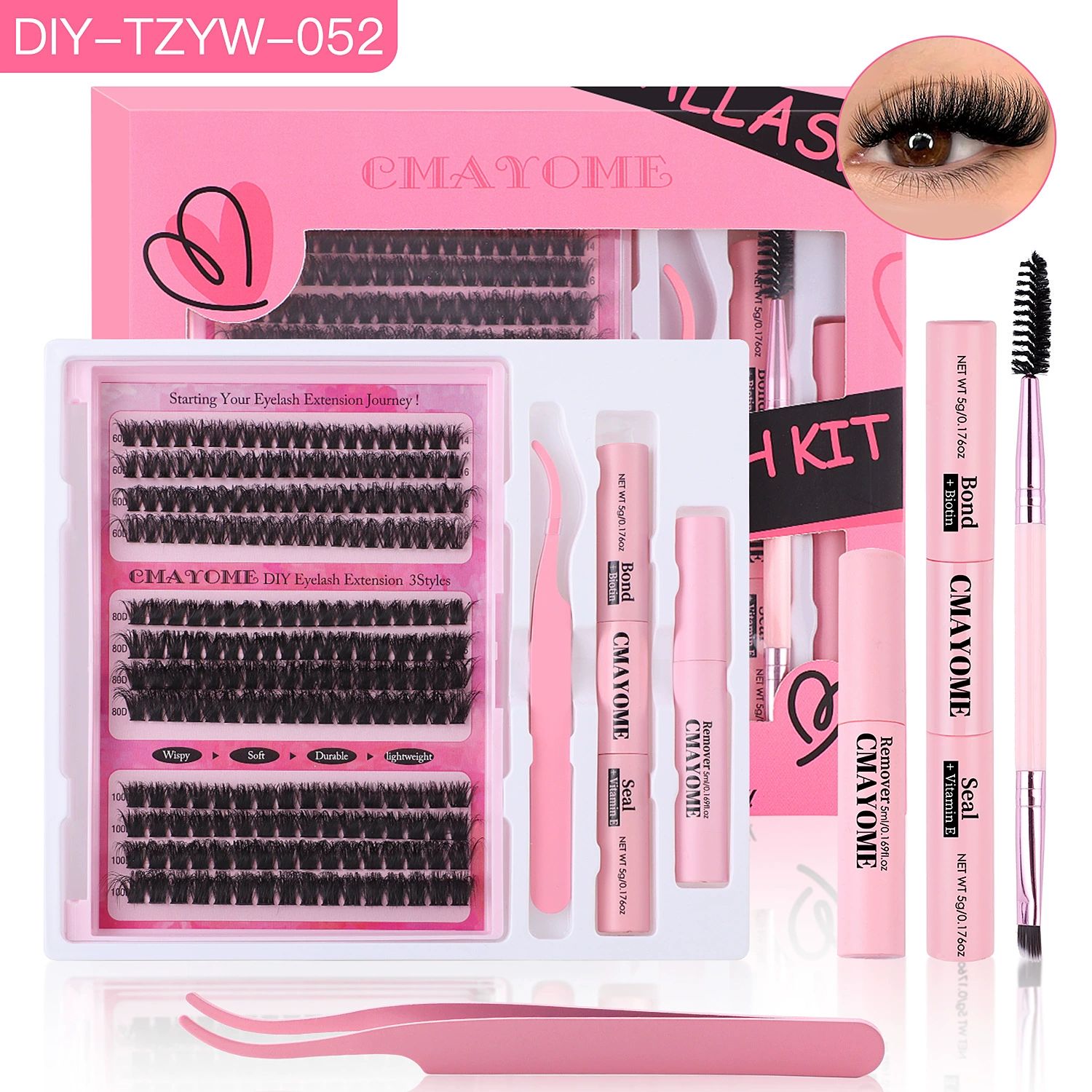 DIY Lash Extension Kit 148pcs, Curl Eyelash Extension Kit, with Applicator and Lash Bond&Seal and Tweezers and eyelash comb 10-16mm, Individual Lashes Clusters Kit view 5
