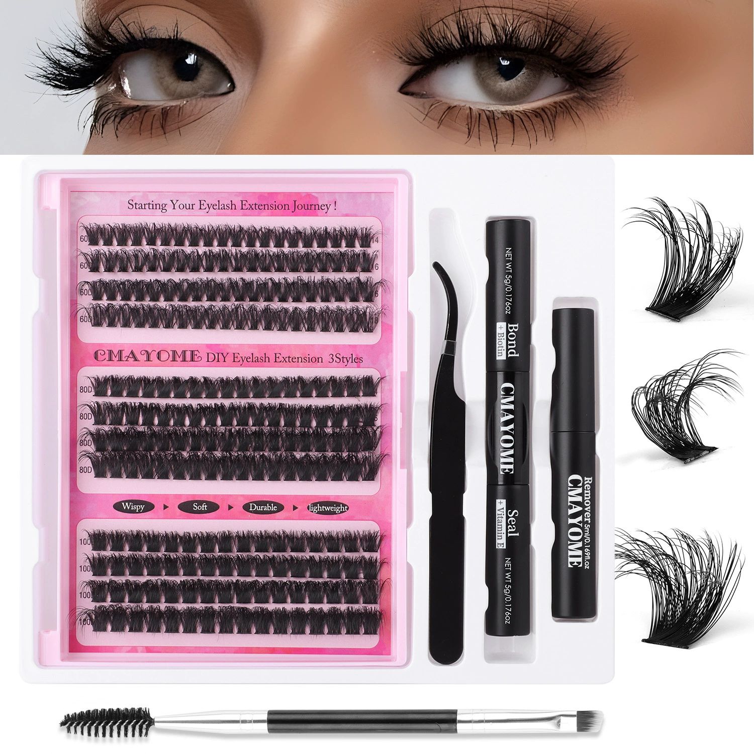 DIY Lash Extension Kit 148pcs, Curl Eyelash Extension Kit, with Applicator and Lash Bond&Seal and Tweezers and eyelash comb 10-16mm, Individual Lashes Clusters Kit