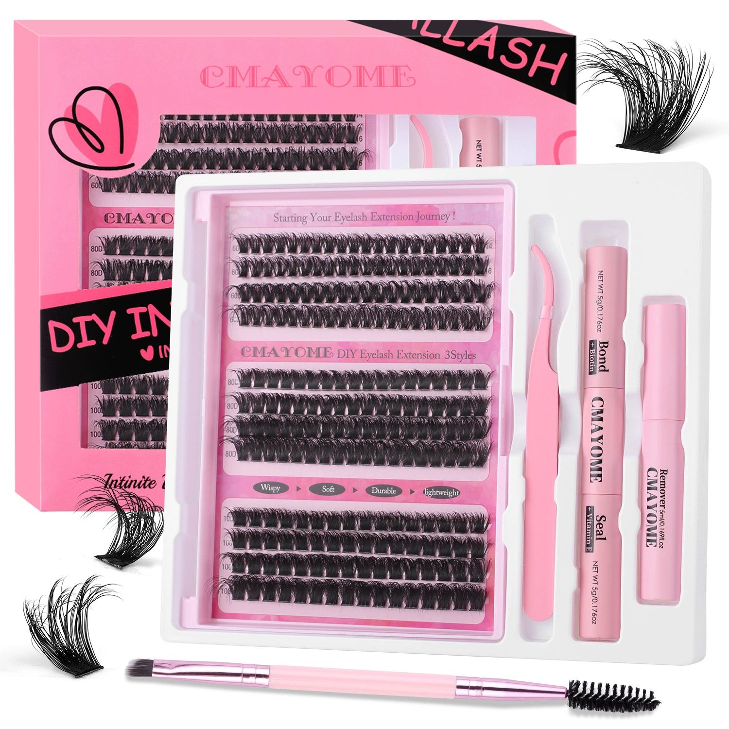 DIY Lash Extension Kit 148pcs, Curl Eyelash Extension Kit, with Applicator and Lash Bond&Seal and Tweezers and eyelash comb 10-16mm, Individual Lashes Clusters Kit view 7