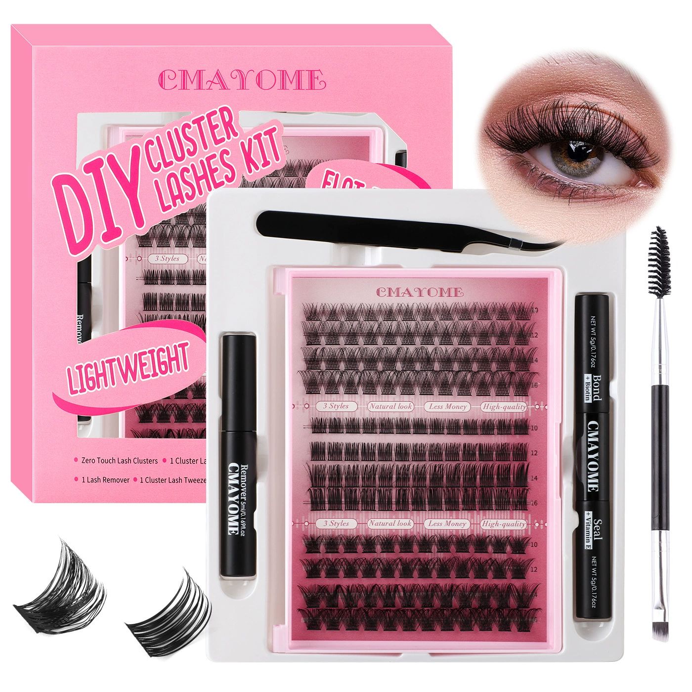 DIY Lash Extension Kit 148pcs, Curl Eyelash Extension Kit, with Applicator and Lash Bond&Seal and Tweezers and eyelash comb 10-16mm, Individual Lashes Clusters Kit