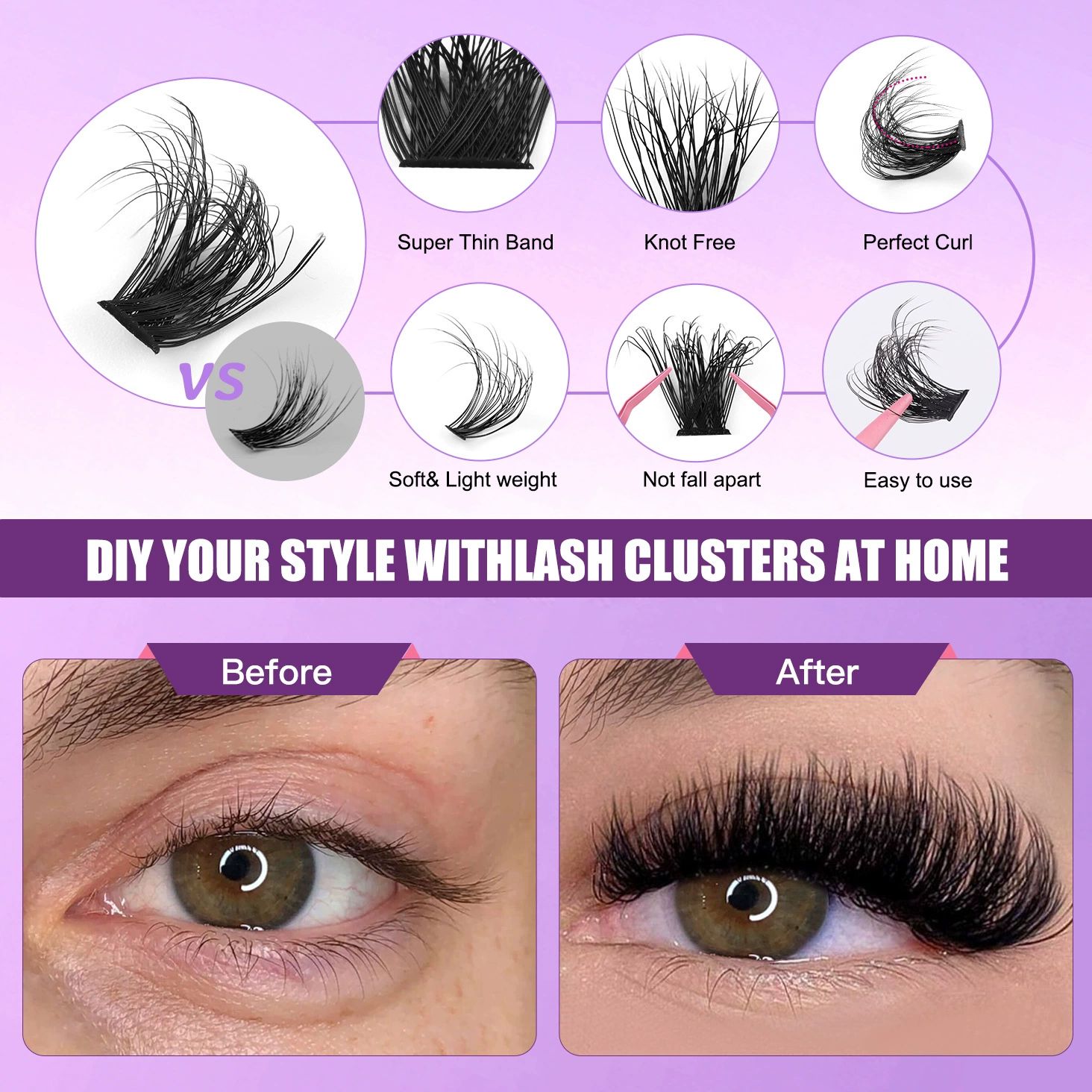 DIY Single tuft large capacity 80-100D  curling thick mixed false eyelashes，Curl Eyelash Extension Kit with Applicator and Lash Bond&Seal,Clusters Lash Glue Remover Mix (Purple)