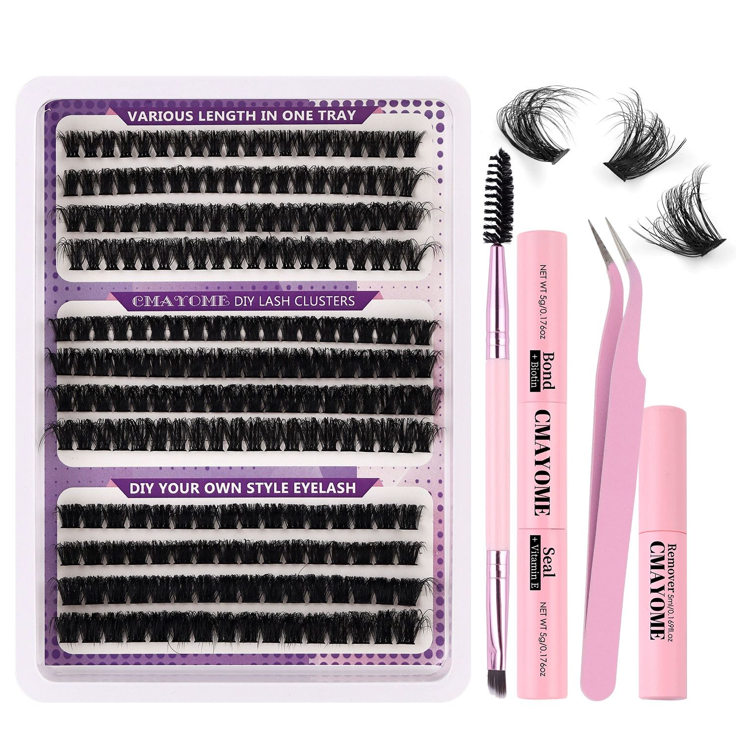 DIY Single tuft large capacity 80-100D  curling thick mixed false eyelashes，Curl Eyelash Extension Kit with Applicator and Lash Bond&Seal,Clusters Lash Glue Remover Mix (Purple)