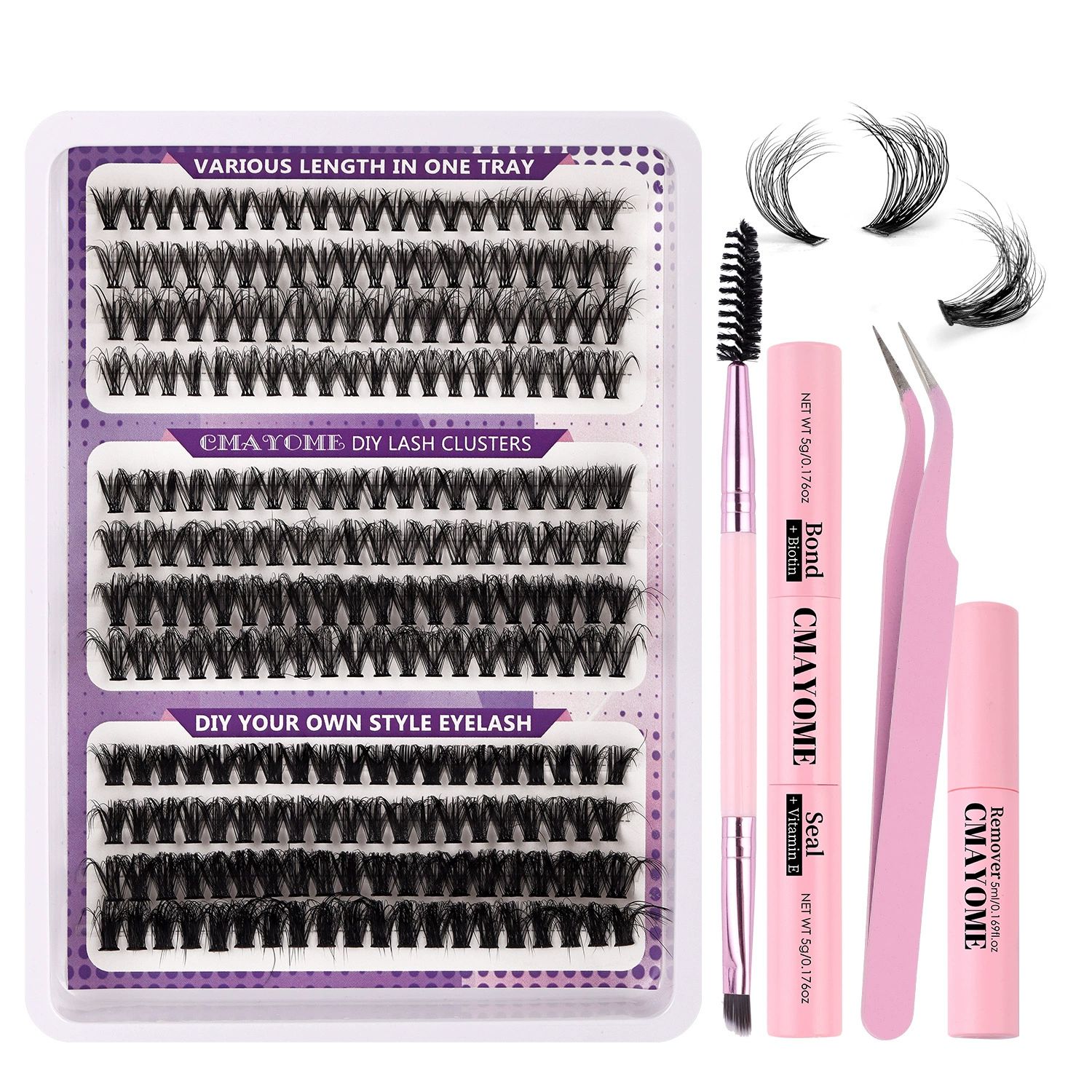DIY Single tuft large capacity 80-100D  curling thick mixed false eyelashes，Curl Eyelash Extension Kit with Applicator and Lash Bond&Seal,Clusters Lash Glue Remover Mix (Purple)