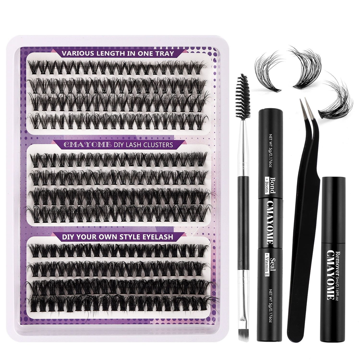 DIY Single tuft large capacity 80-100D  curling thick mixed false eyelashes，Curl Eyelash Extension Kit with Applicator and Lash Bond&Seal,Clusters Lash Glue Remover Mix (Purple)