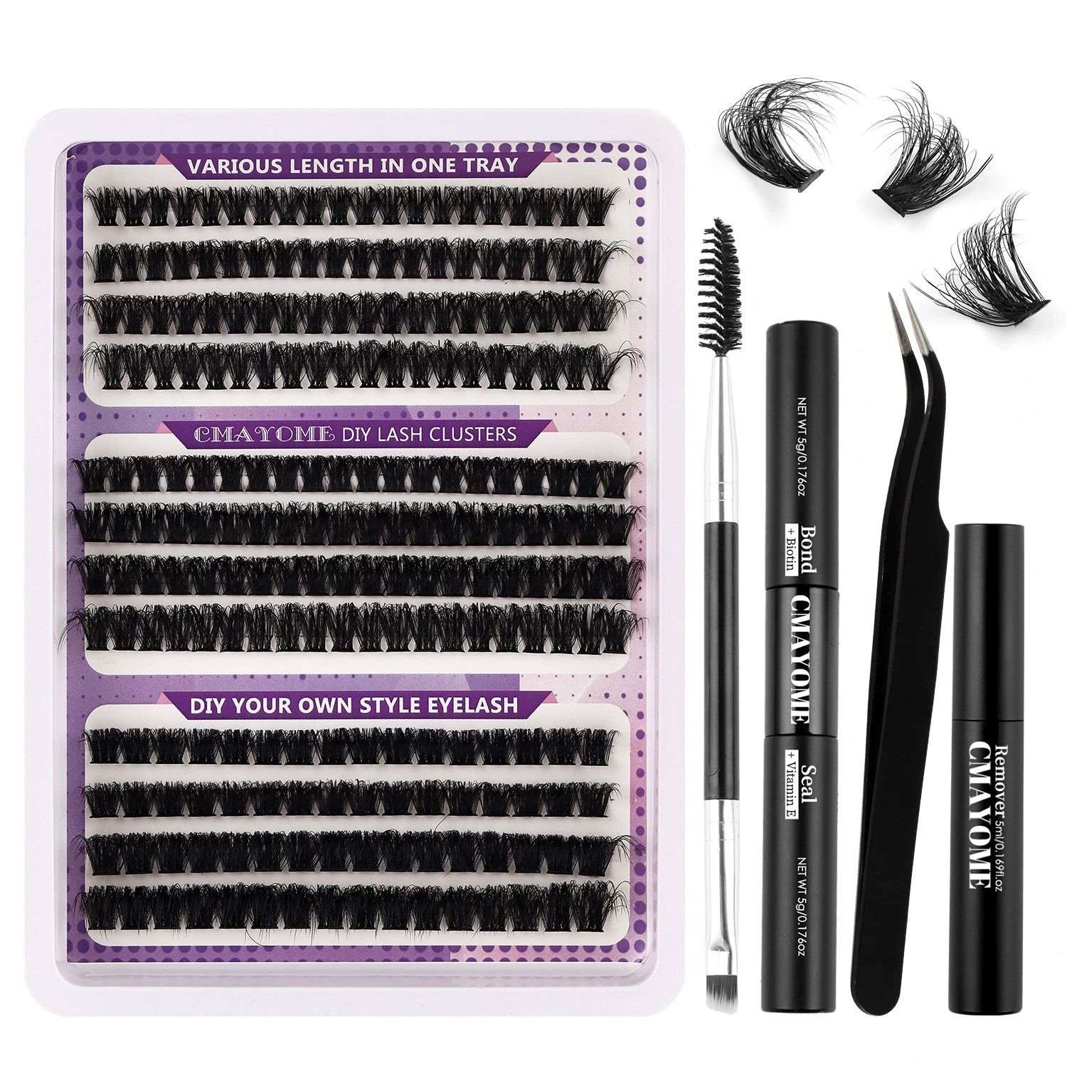 DIY Single tuft large capacity 80-100D  curling thick mixed false eyelashes，Curl Eyelash Extension Kit with Applicator and Lash Bond&Seal,Clusters Lash Glue Remover Mix (Purple)