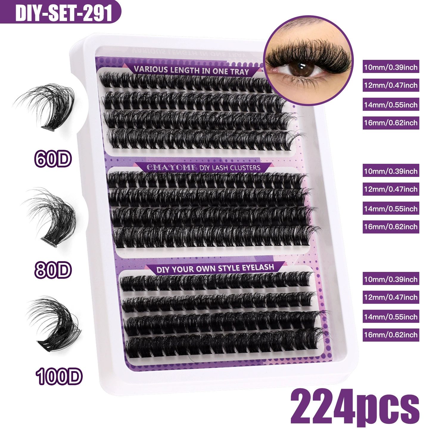 DIY Single tuft large capacity 80-100D  curling thick mixed false eyelashes，Curl Eyelash Extension Kit with Applicator and Lash Bond&Seal,Clusters Lash Glue Remover Mix (Purple)