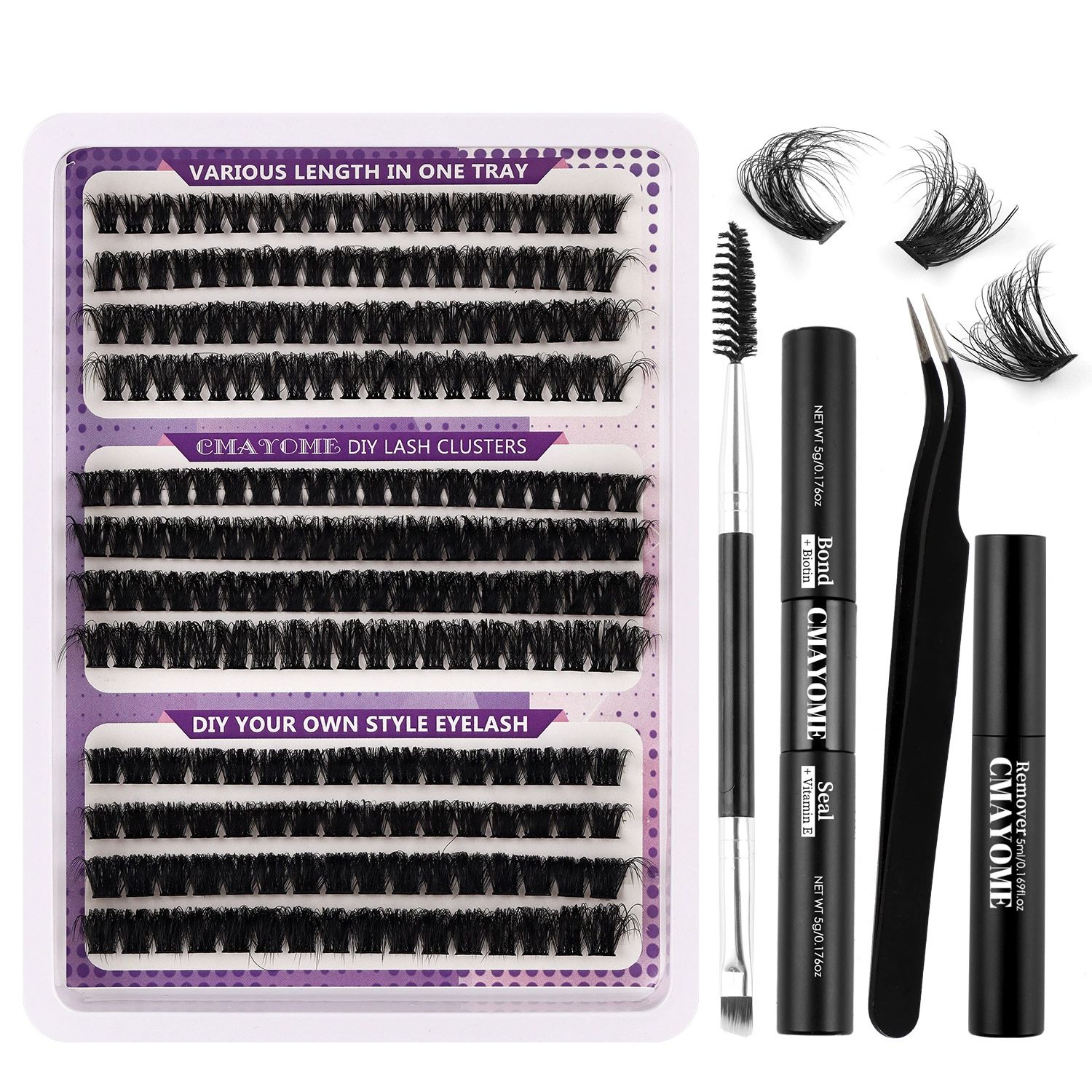 DIY Single tuft large capacity 80-100D  curling thick mixed false eyelashes，Curl Eyelash Extension Kit with Applicator and Lash Bond&Seal,Clusters Lash Glue Remover Mix (Purple)
