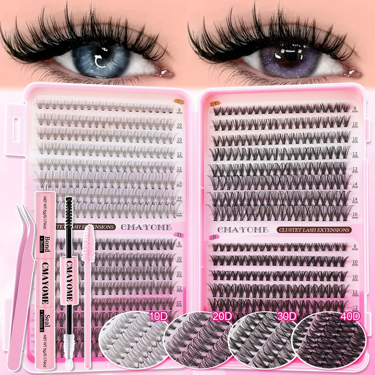 Lash Clusters Kit, 640 Pcs Eyelashes Clusters Extensions Kit 9-16mm Individual Lashes D Curl Fluffy Wispy False Eyelashes Thin Band, with Bond Seal Tweezers Brush DIY (30D+40D+50D+60D Kit 9-16mm)