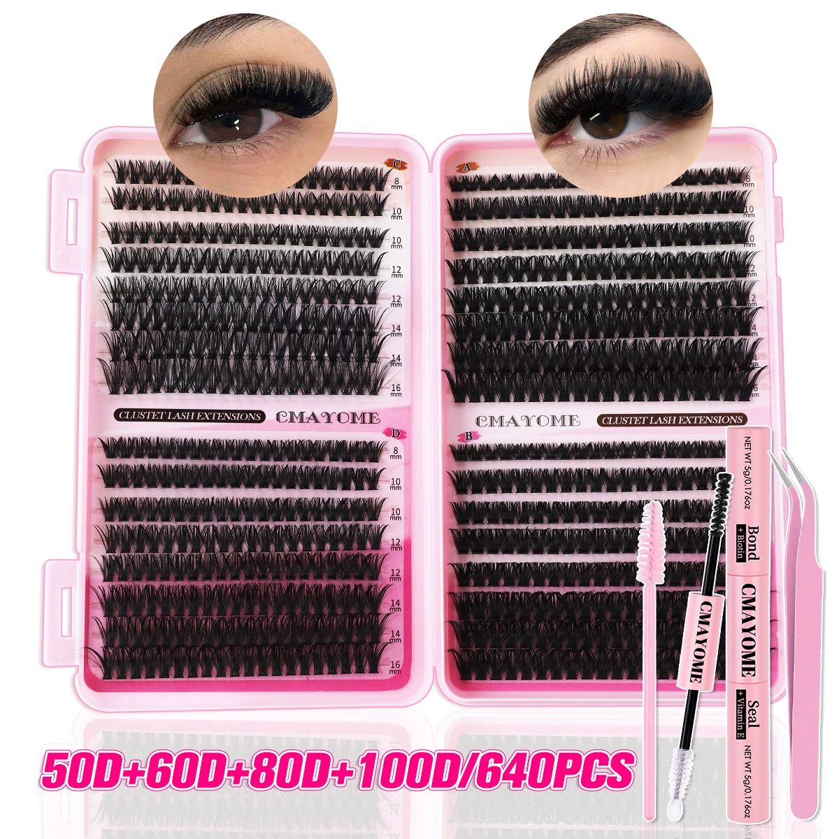 Lash Clusters Kit, 640 Pcs Eyelashes Clusters Extensions Kit 9-16mm Individual Lashes D Curl Fluffy Wispy False Eyelashes Thin Band, with Bond Seal Tweezers Brush DIY (30D+40D+50D+60D Kit 9-16mm)