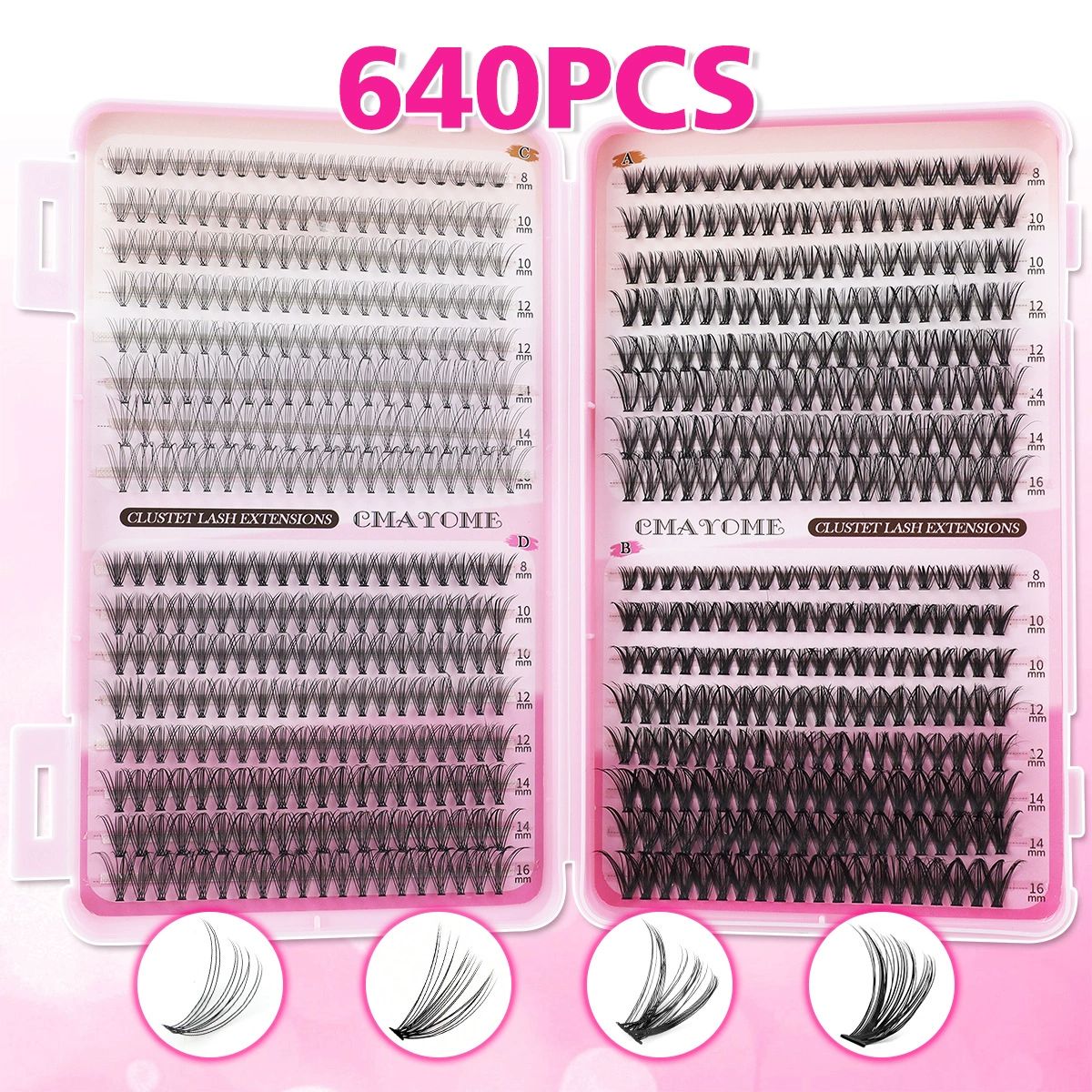 Lash Clusters Kit, 640 Pcs Eyelashes Clusters Extensions Kit 9-16mm Individual Lashes D Curl Fluffy Wispy False Eyelashes Thin Band, with Bond Seal Tweezers Brush DIY (30D+40D+50D+60D Kit 9-16mm)