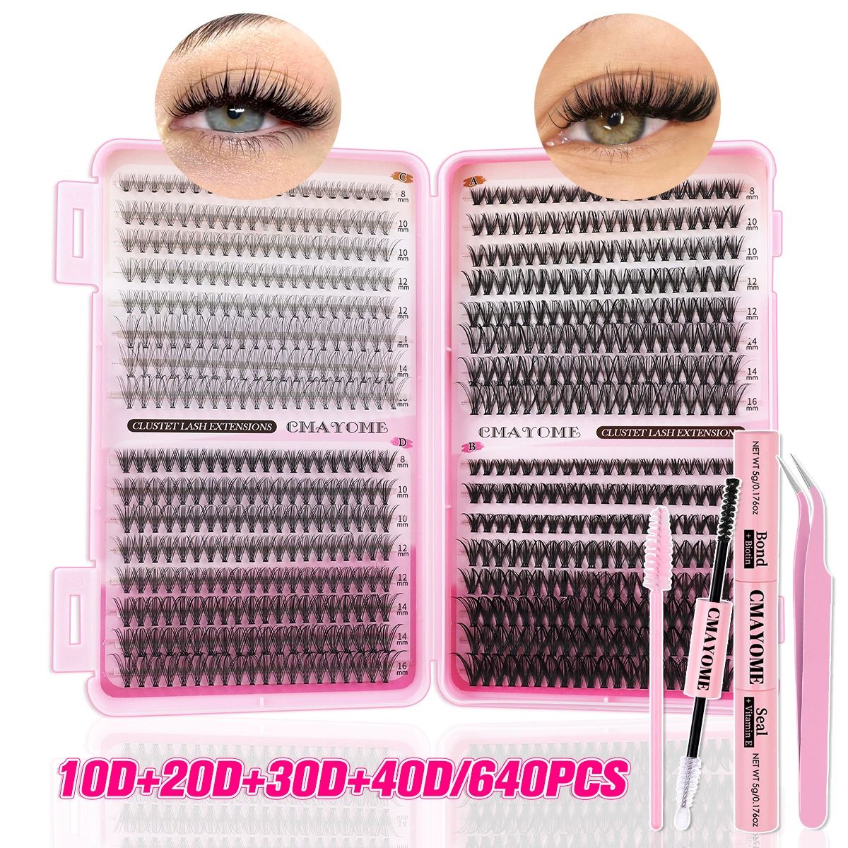 Lash Clusters Kit, 640 Pcs Eyelashes Clusters Extensions Kit 9-16mm Individual Lashes D Curl Fluffy Wispy False Eyelashes Thin Band, with Bond Seal Tweezers Brush DIY (30D+40D+50D+60D Kit 9-16mm)