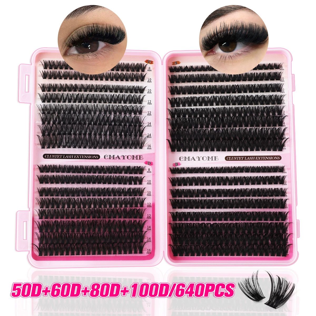 Lash Clusters Kit, 640 Pcs Eyelashes Clusters Extensions Kit 9-16mm Individual Lashes D Curl Fluffy Wispy False Eyelashes Thin Band, with Bond Seal Tweezers Brush DIY (30D+40D+50D+60D Kit 9-16mm)