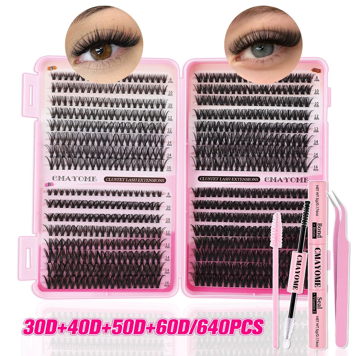 Lash Clusters Kit, 640 Pcs Eyelashes Clusters Extensions Kit 9-16mm Individual Lashes D Curl Fluffy Wispy False Eyelashes Thin Band, with Bond Seal Tweezers Brush DIY (30D+40D+50D+60D Kit 9-16mm)