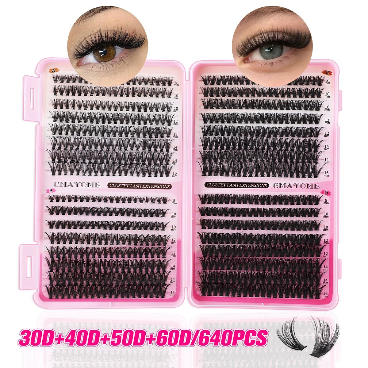 Lash Clusters Kit, 640 Pcs Eyelashes Clusters Extensions Kit 9-16mm Individual Lashes D Curl Fluffy Wispy False Eyelashes Thin Band, with Bond Seal Tweezers Brush DIY (30D+40D+50D+60D Kit 9-16mm)