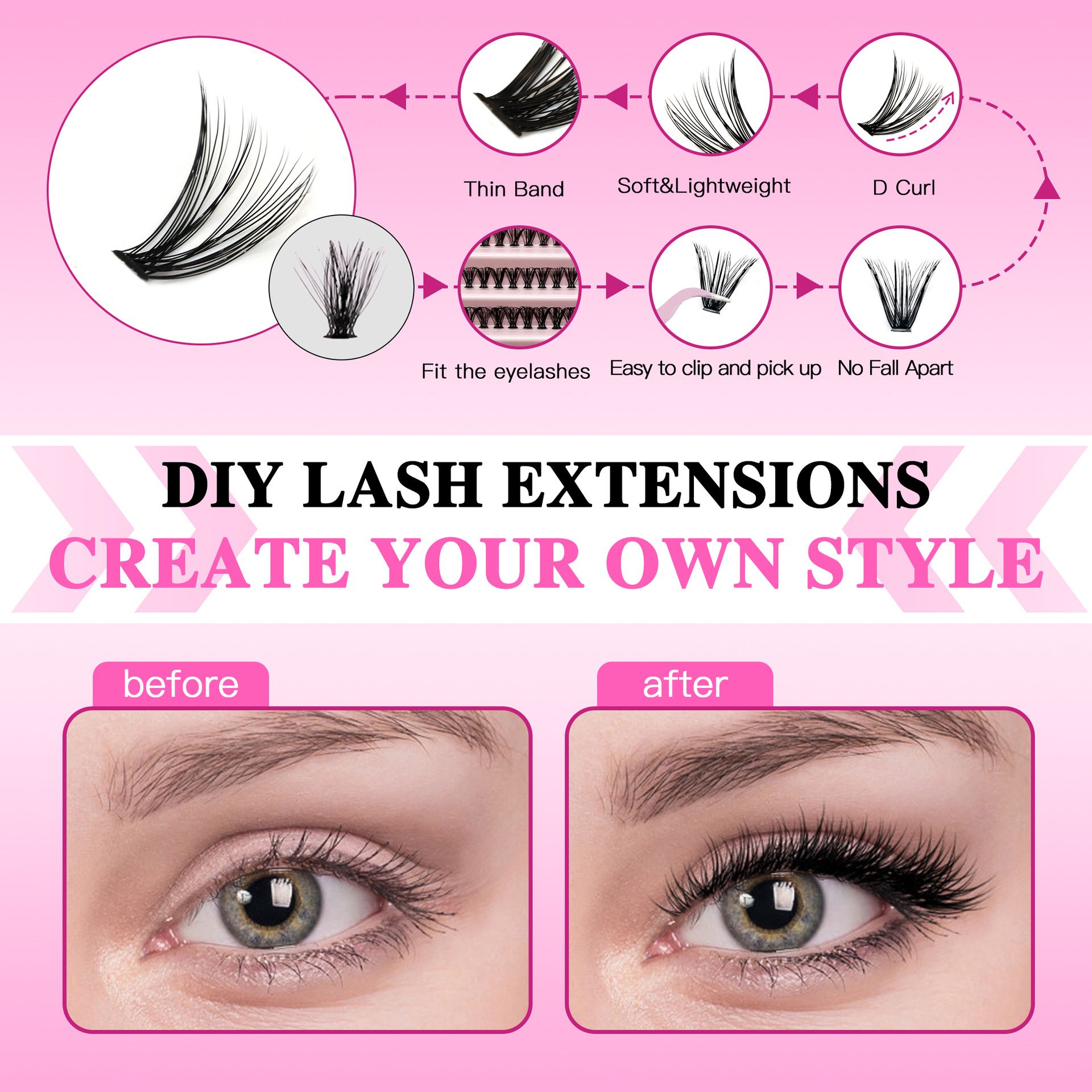 Lash Extension Kit DIY Colored Lash Clusters Kit Cluster Lashes Eyelash Extension Kit Individual Lashes with Lash Bond and Seal,Lash Tweezers Natural Look