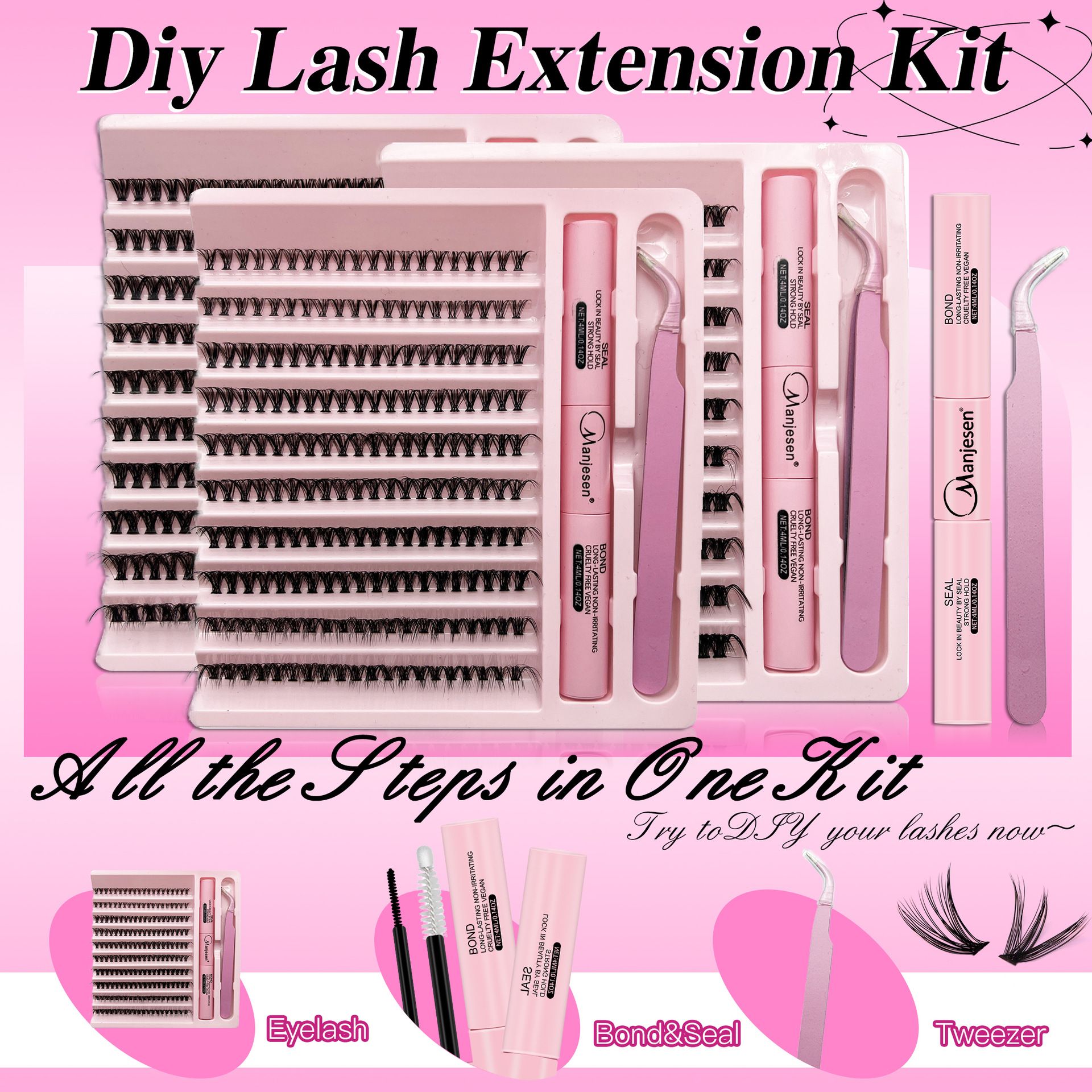 Lash Extension Kit DIY Colored Lash Clusters Kit Cluster Lashes Eyelash Extension Kit Individual Lashes with Lash Bond and Seal,Lash Tweezers Natural Look