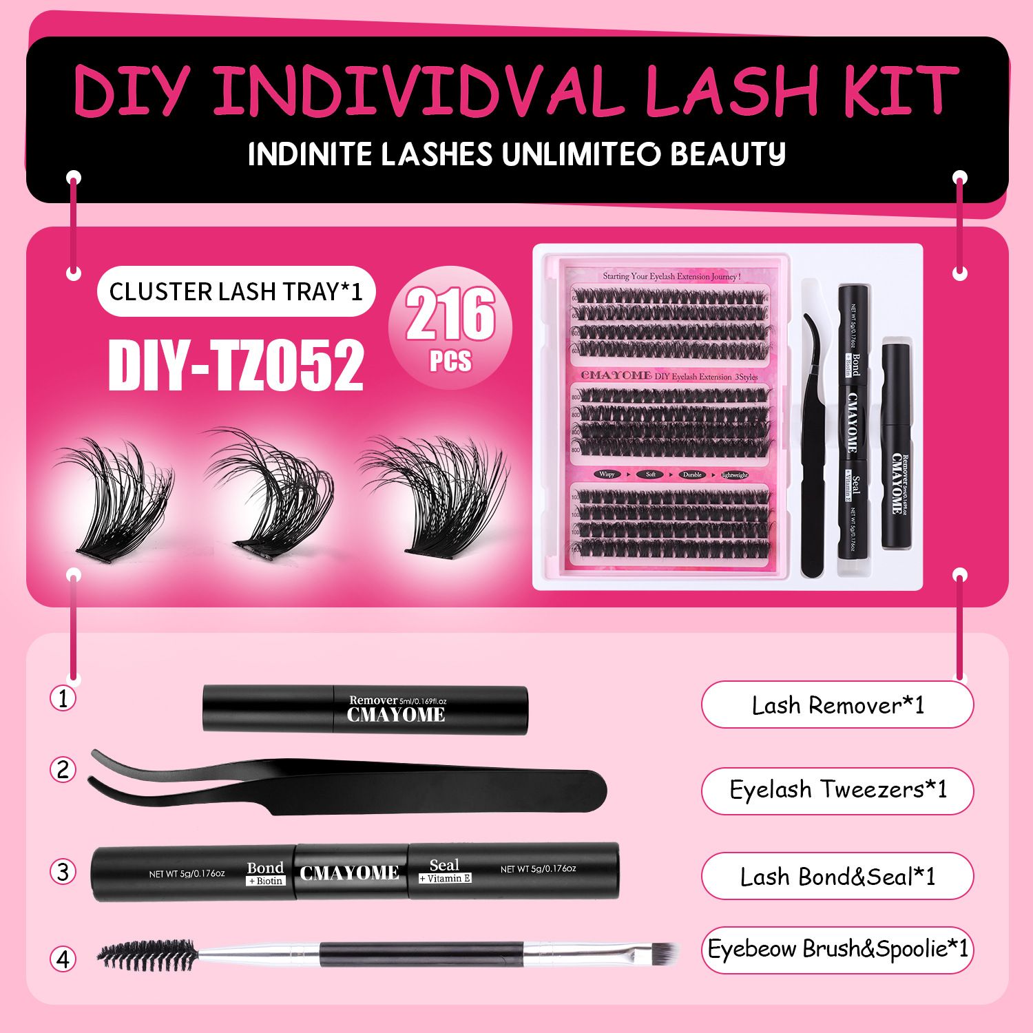 DIY Lash Extension Kit 148pcs, Curl Eyelash Extension Kit, with Applicator and Lash Bond&Seal and Tweezers and eyelash comb 10-16mm, Individual Lashes Clusters Kit view 10
