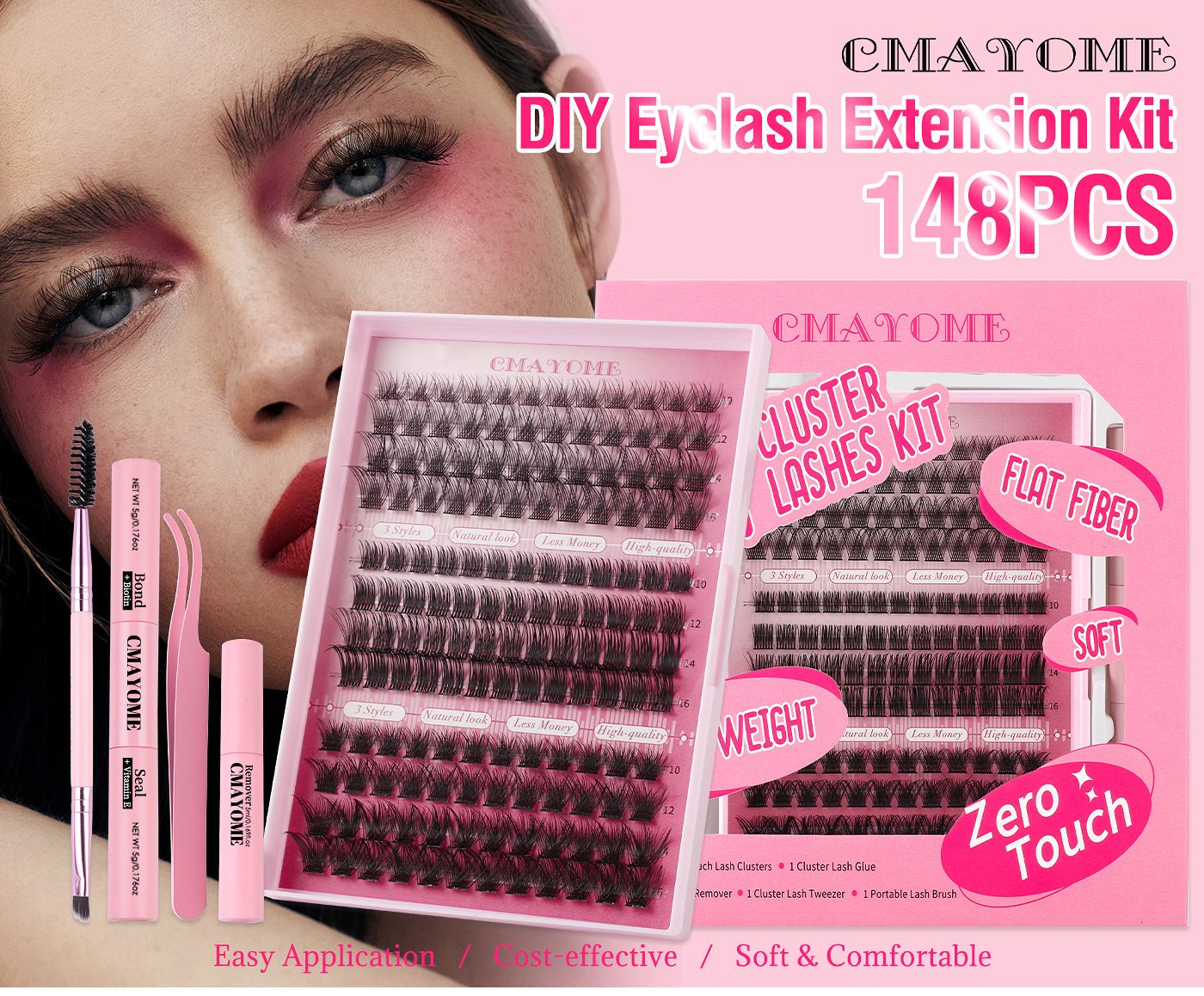 DIY Lash Extension Kit 148pcs, Curl Eyelash Extension Kit, with Applicator and Lash Bond&Seal and Tweezers and eyelash comb , Individual Lashes Clusters Kit