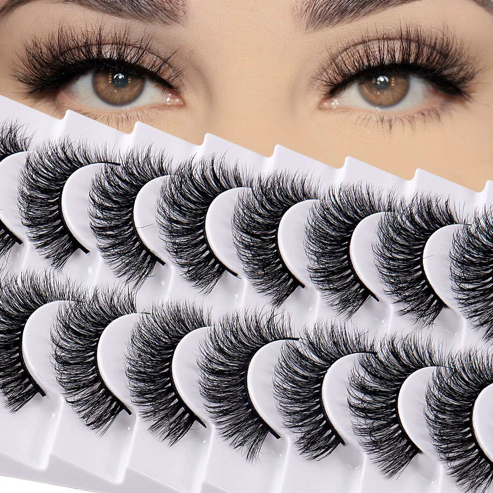 False Eyelashes 16mm Mink Lashes Faux Mink Lashes 8D Fluffy Strip Eye Lashes Wispy Soft Luxury Volume Fake Eyelashes 9Pairs Pack