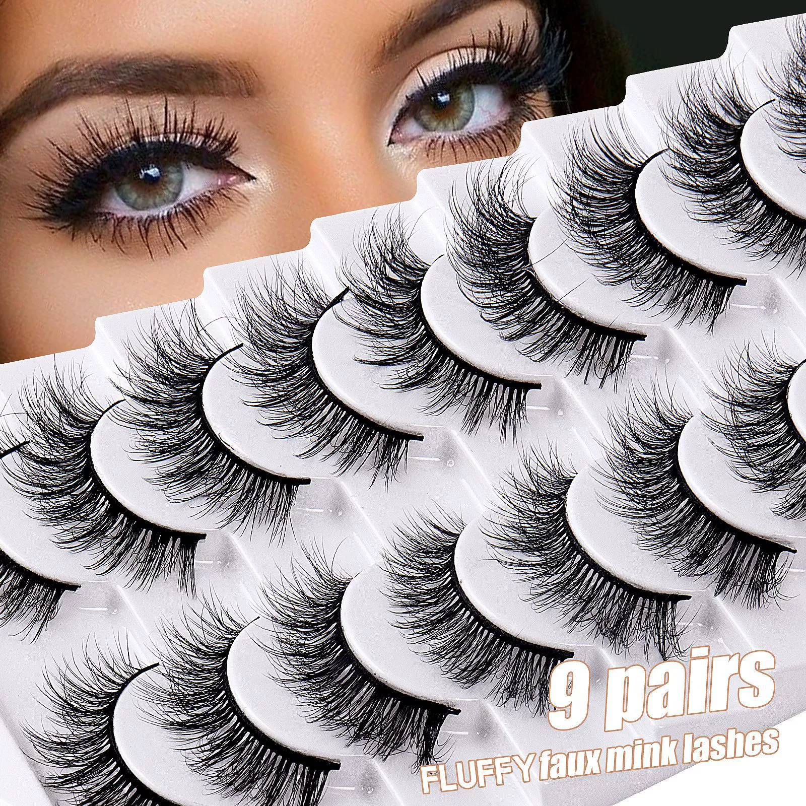 False Eyelashes 16mm Mink Lashes Faux Mink Lashes 8D Fluffy Strip Eye Lashes Wispy Soft Luxury Volume Fake Eyelashes 9Pairs Pack
