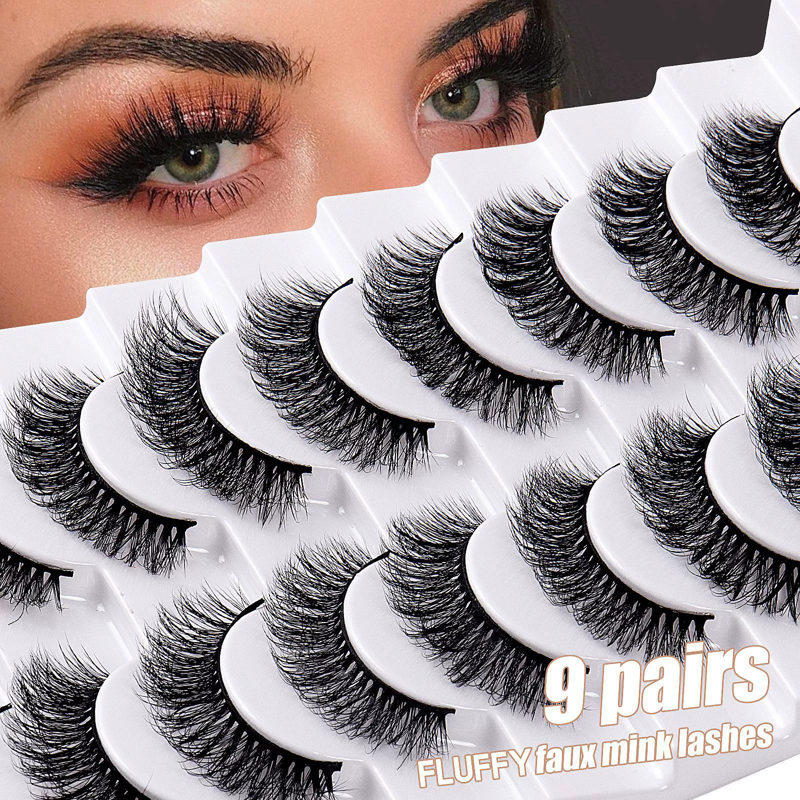 False Eyelashes 16mm Mink Lashes Faux Mink Lashes 8D Fluffy Strip Eye Lashes Wispy Soft Luxury Volume Fake Eyelashes 9Pairs Pack