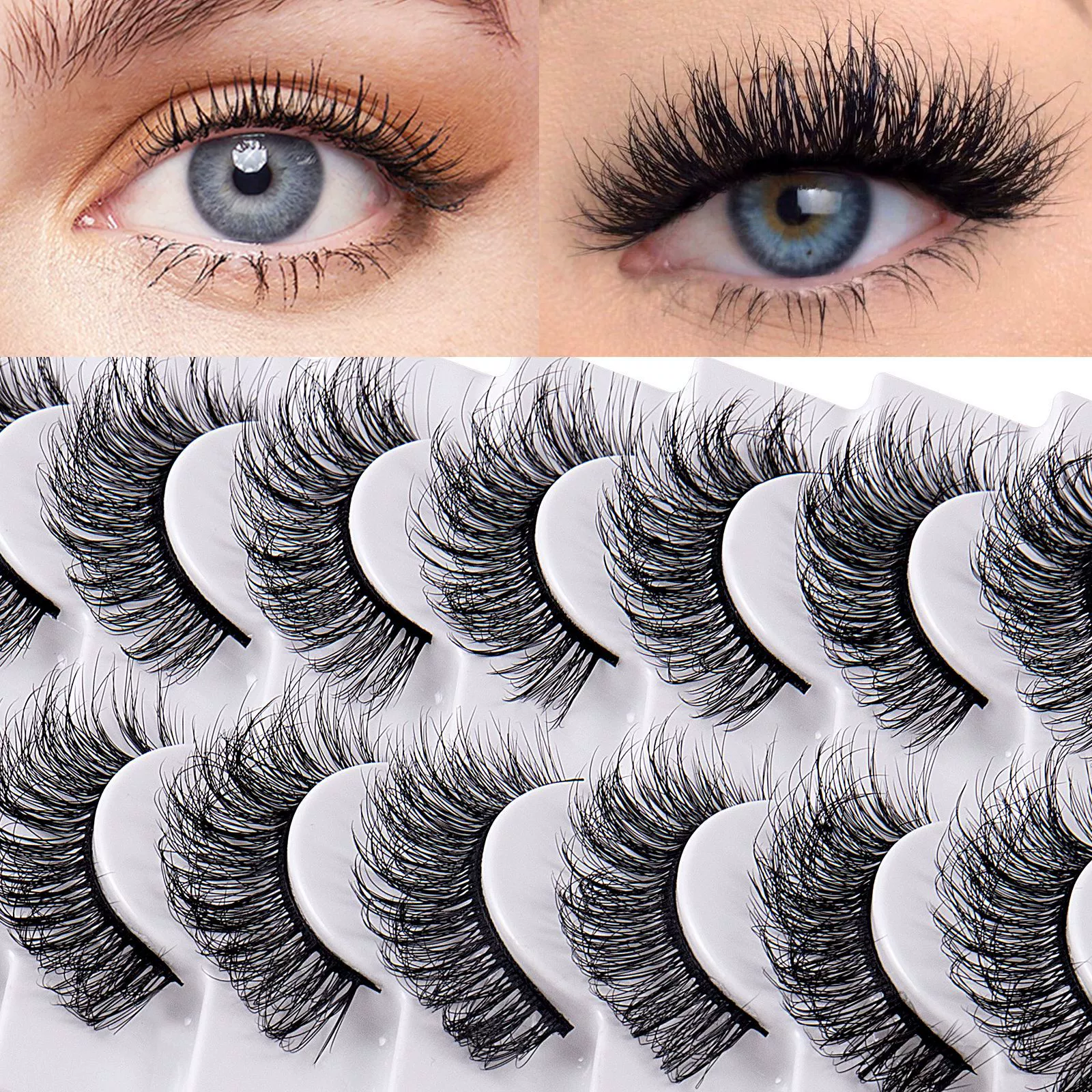 False Eyelashes 16mm Mink Lashes Faux Mink Lashes 8D Fluffy Strip Eye Lashes Wispy Soft Luxury Volume Fake Eyelashes 9Pairs Pack