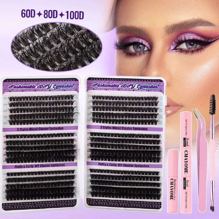 Lash Clusters Kit 60D+80D+100D Wispy Individual Lashes Kit D-Curly Volume Lash Extensions 10-18mm Natural DIY Cluster Lashes Kit for Beginners