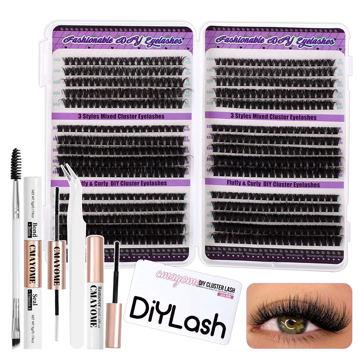 Lash Clusters Kit 60D+80D+100D Wispy Individual Lashes Kit D-Curly Volume Lash Extensions 10-18mm Natural DIY Cluster Lashes Kit for Beginners