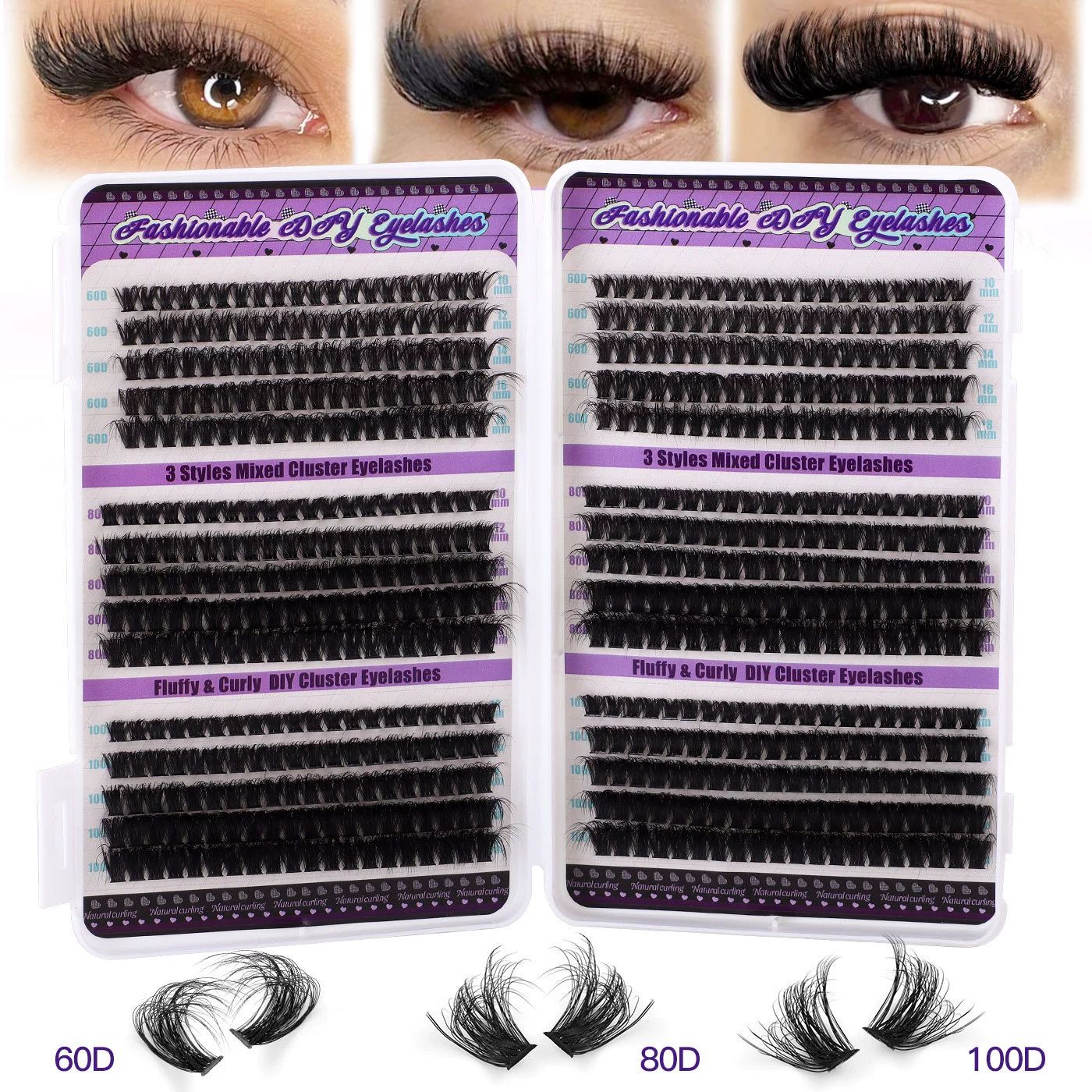 Lash Clusters Kit 60D+80D+100D Wispy Individual Lashes Kit D-Curly Volume Lash Extensions 10-18mm Natural DIY Cluster Lashes Kit for Beginners
