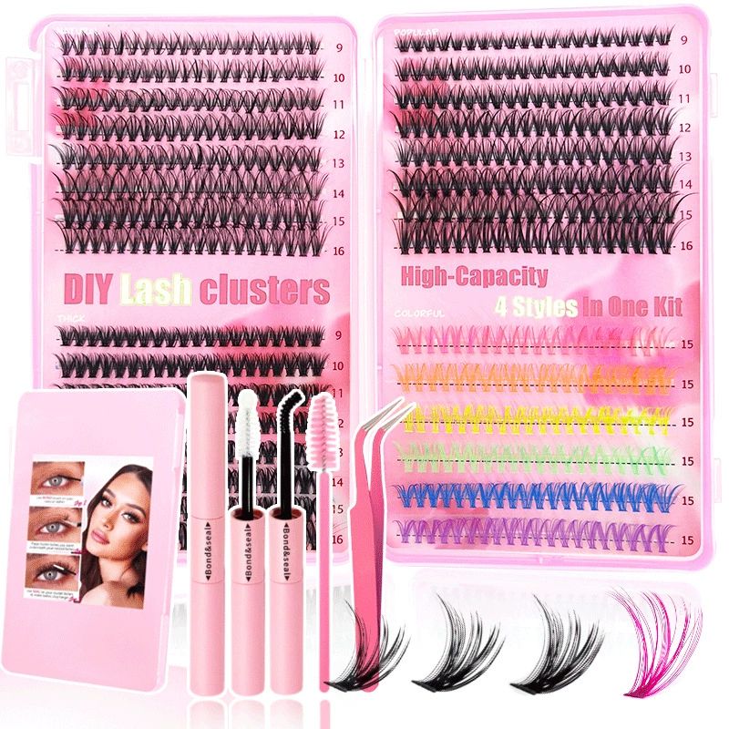 Lash Extension Kit DIY Colored Lash Clusters Kit Cluster Lashes Eyelash Extension Kit Individual Lashes with Lash Bond and Seal,Lash Tweezers Natural Look(30D+40D+50D+40D Colored Kit,9-16mm)
