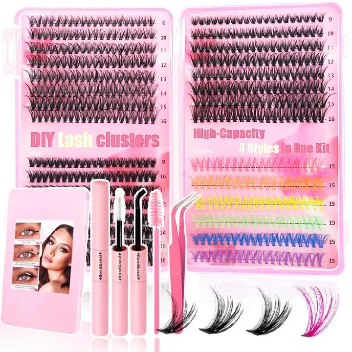 Lash Extension Kit DIY Colored Lash Clusters Kit Cluster Lashes Eyelash Extension Kit Individual Lashes with Lash Bond and Seal,Lash Tweezers Natural Look(30D+40D+50D+40D Colored Kit,9-16mm)
