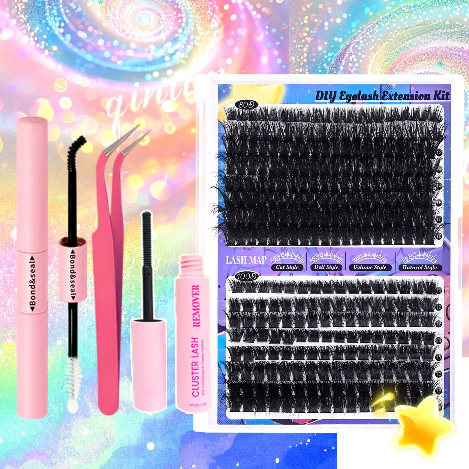 Fluffier Lash Extension Kit Thick 200D Volume Eyelash Extension Kit 16mm Wispy Lash Clusters Kit D Curly Individual Lashes with Bond and Seal lash Tweezers DIY Cluster Eyelash Extensions