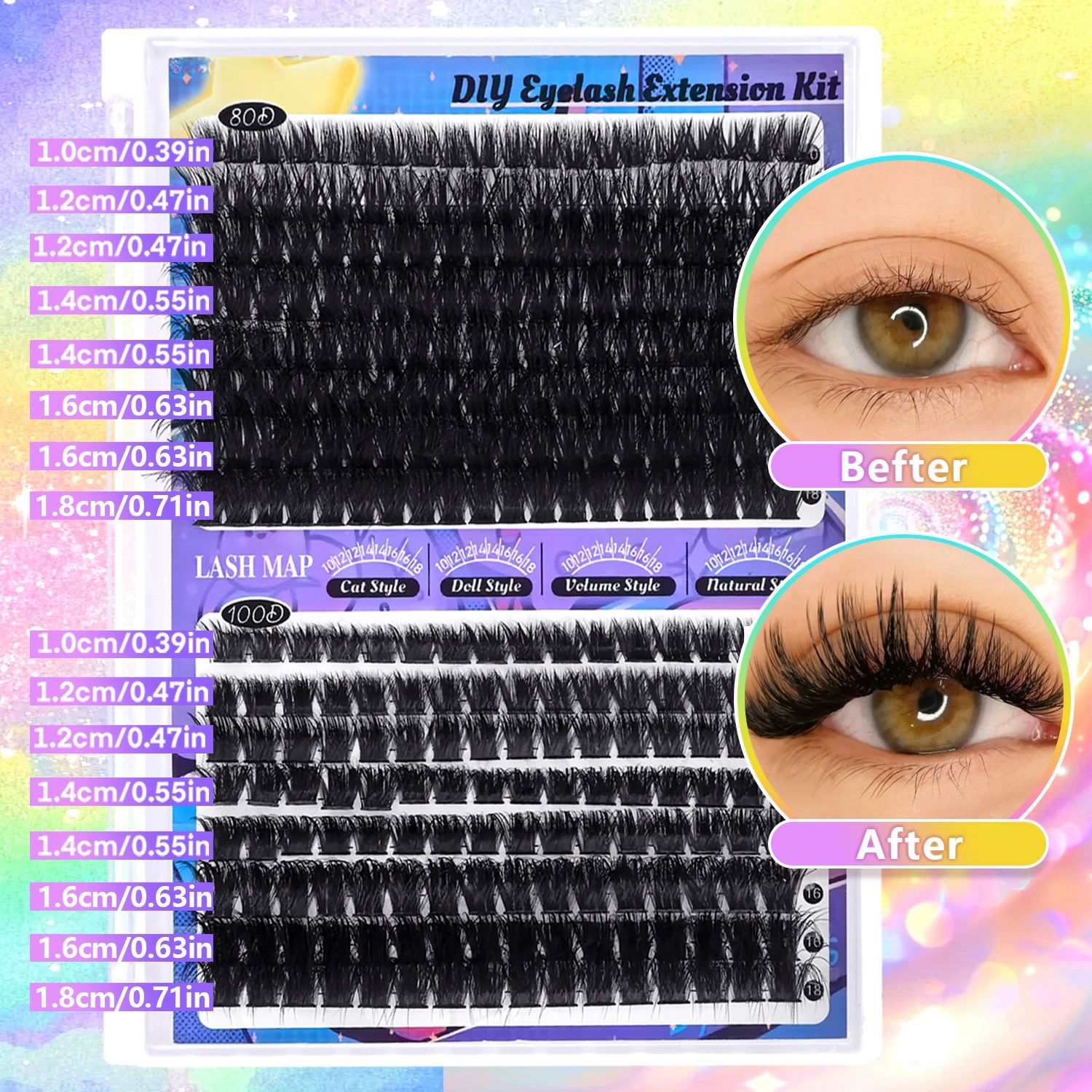 Fluffier Lash Extension Kit Thick 200D Volume Eyelash Extension Kit 16mm Wispy Lash Clusters Kit D Curly Individual Lashes with Bond and Seal lash Tweezers DIY Cluster Eyelash Extensions