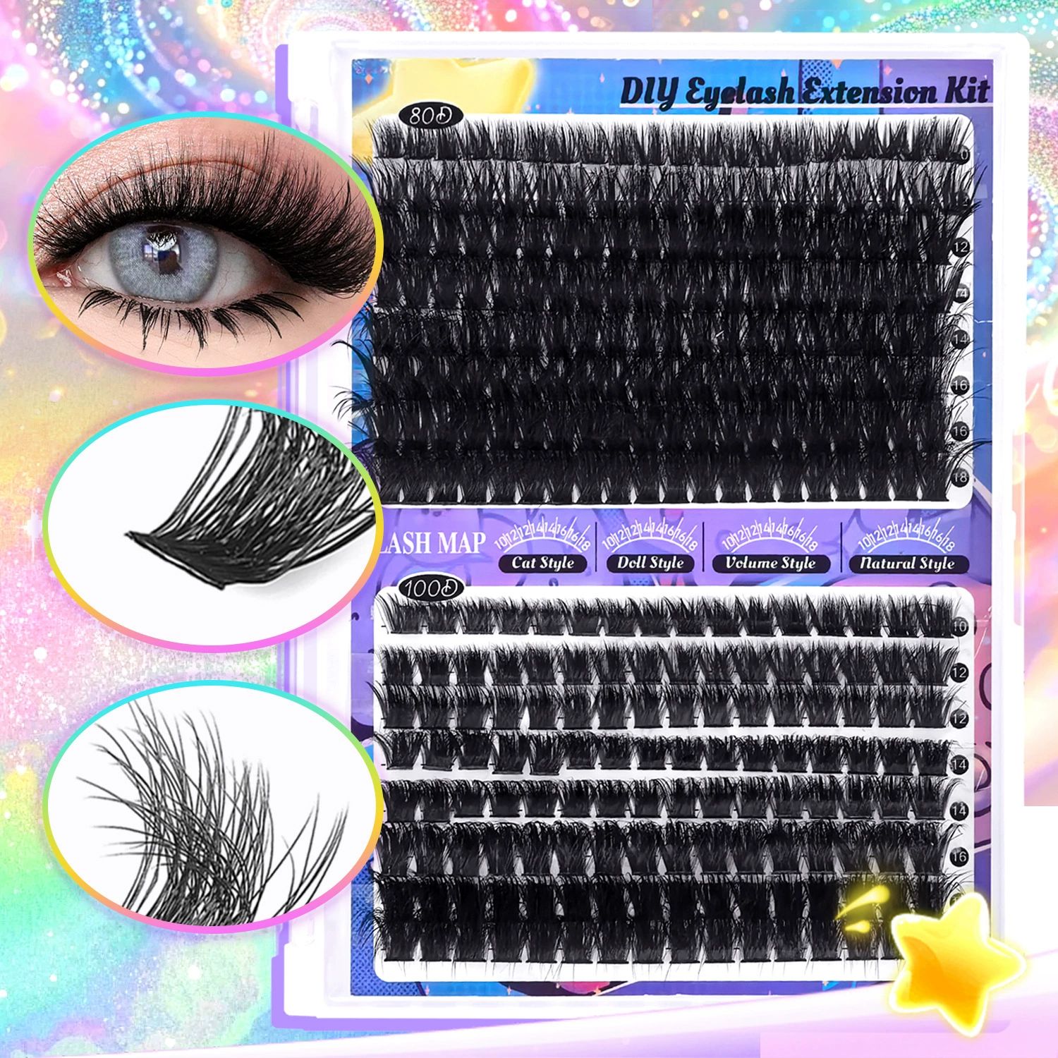 Fluffier Lash Extension Kit Thick 200D Volume Eyelash Extension Kit 16mm Wispy Lash Clusters Kit D Curly Individual Lashes with Bond and Seal lash Tweezers DIY Cluster Eyelash Extensions