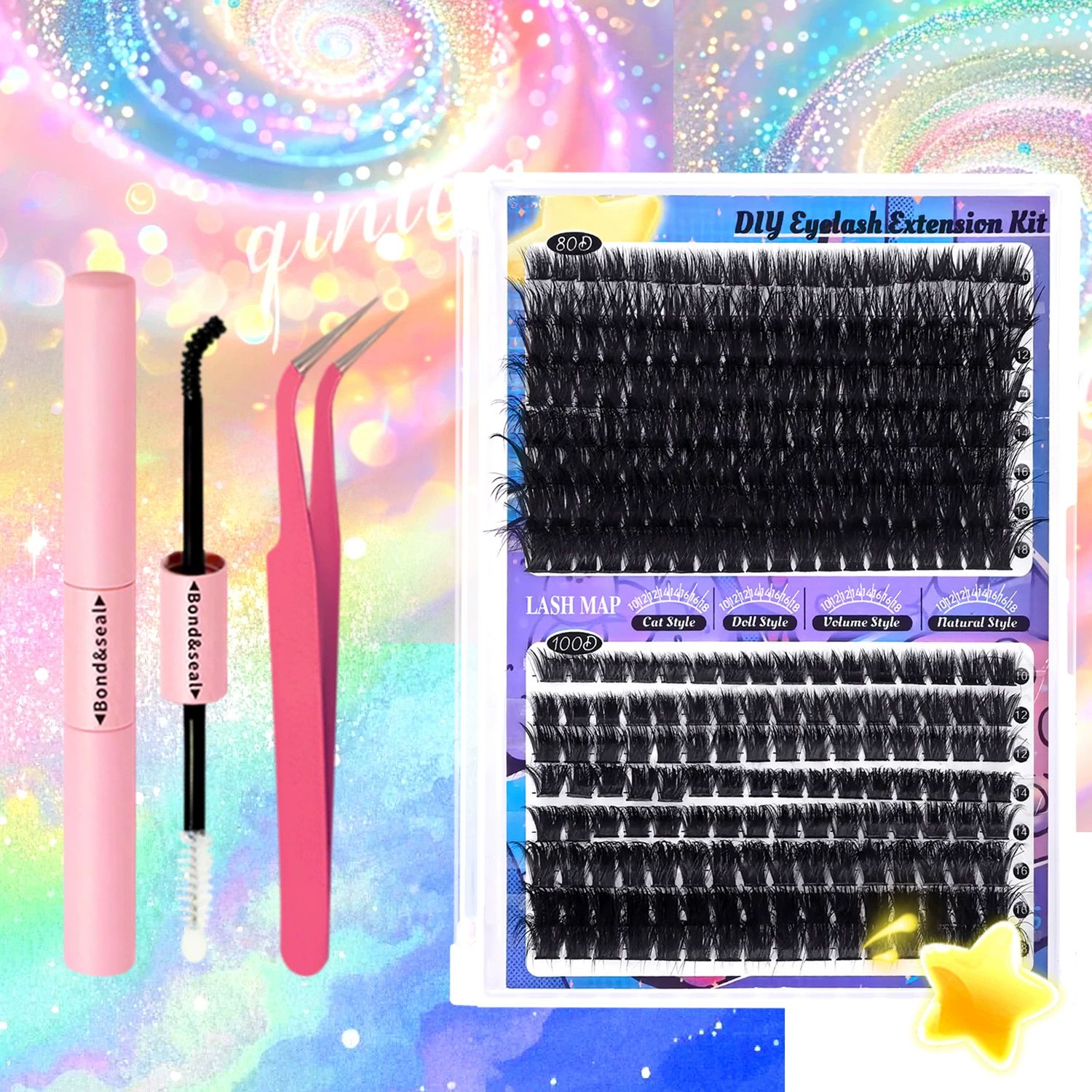 Fluffier Lash Extension Kit Thick 200D Volume Eyelash Extension Kit 16mm Wispy Lash Clusters Kit D Curly Individual Lashes with Bond and Seal lash Tweezers DIY Cluster Eyelash Extensions