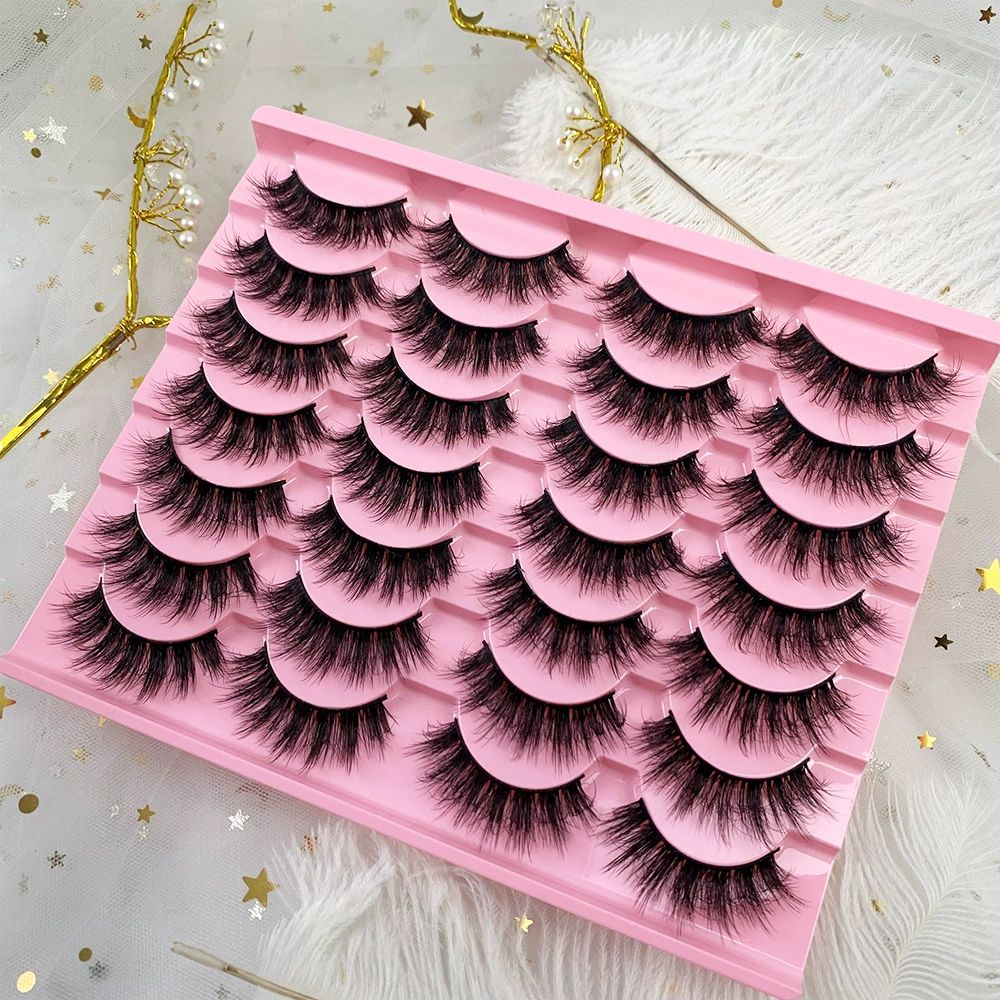 Mink Lashes Cat Eye Wispy Soft Faux Mink False Eyelashes Natural Look C Curl Full Strips Lashes Pack 10mm Long Dramatic 3D 8D Long Volume Thick Faux Mink Fake Eyelashes Bulk
