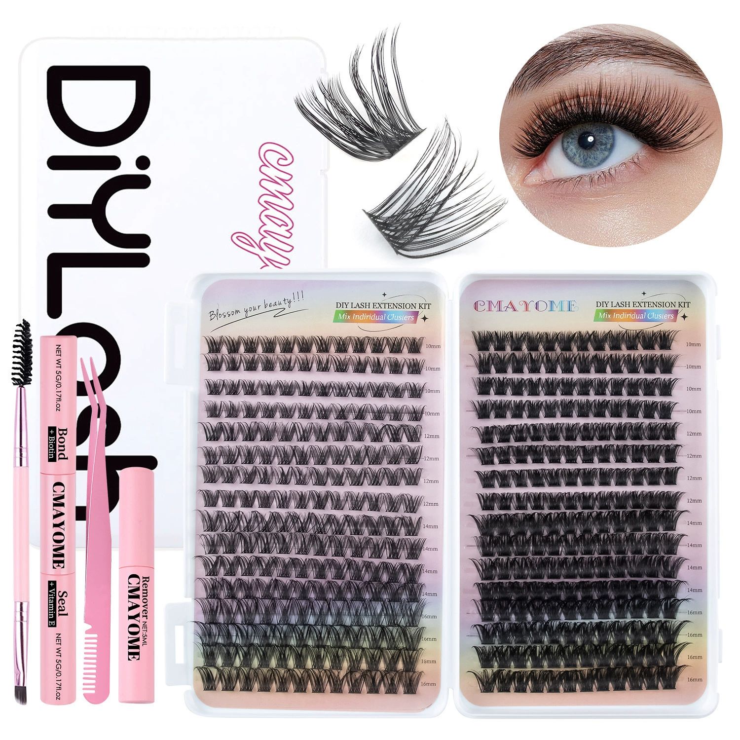 Lash Clusters Kit, 640 Pcs Eyelashes Cluster Extensions Kit 9-16mm Fluffy Individual Lashes 80D 100D D Curl False Eyelashes with Thin Band Match Tools for DIY (80D+100D)， Bond Seal Remover Tweezers