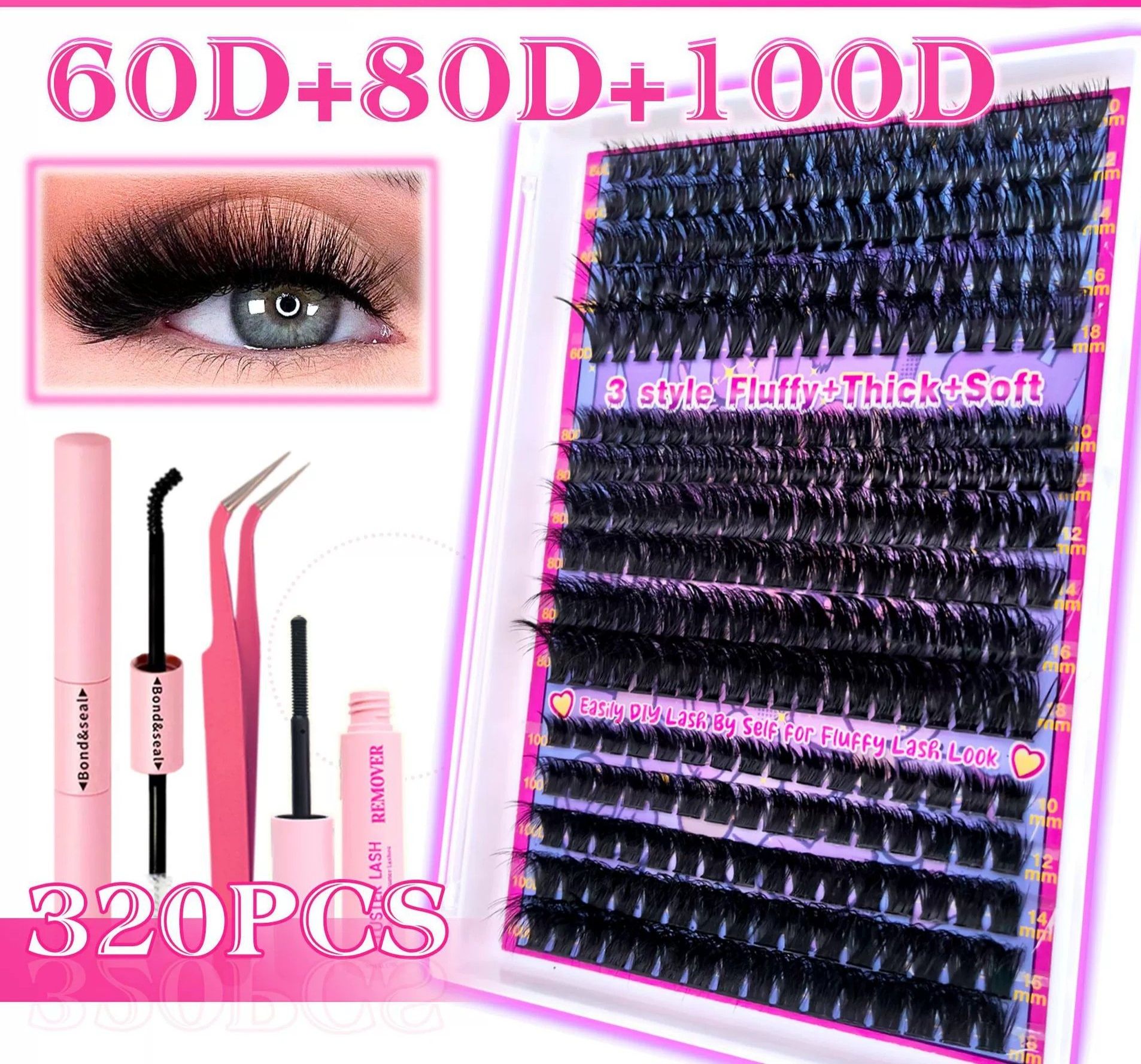 Lash Clusters Kit 320 Pcs DIY Individual Cluster Lashes D Curl Lash Extension Kit with Eyelash Bond and Seal, Remover, Tweezers Applicator Tool for False Eyelash Cluster Kit(80D, Mix10-18mm Kit)