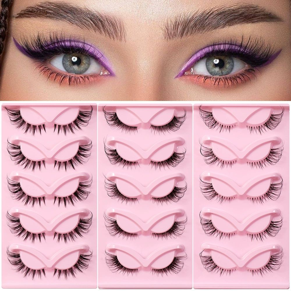 Cat Eye Lashes Natural Look Fox False Eyelashes Gorgeous Wispy & Lightweight Faux Mink Lashes for Doll Eye Makeup 5 Pairs Pack