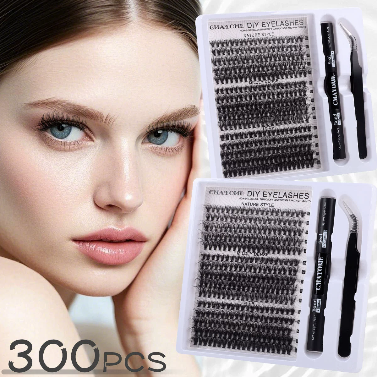 DIY Lash Extension Kit - 300pcs Lashes Clusters 0.07D 40D+50D Mix, 10-16mm D Curl Soft Wispy Lash Clusters Kit with Bond, Seal, Remover & Tweezers for Easy At-Home Application Nature Look