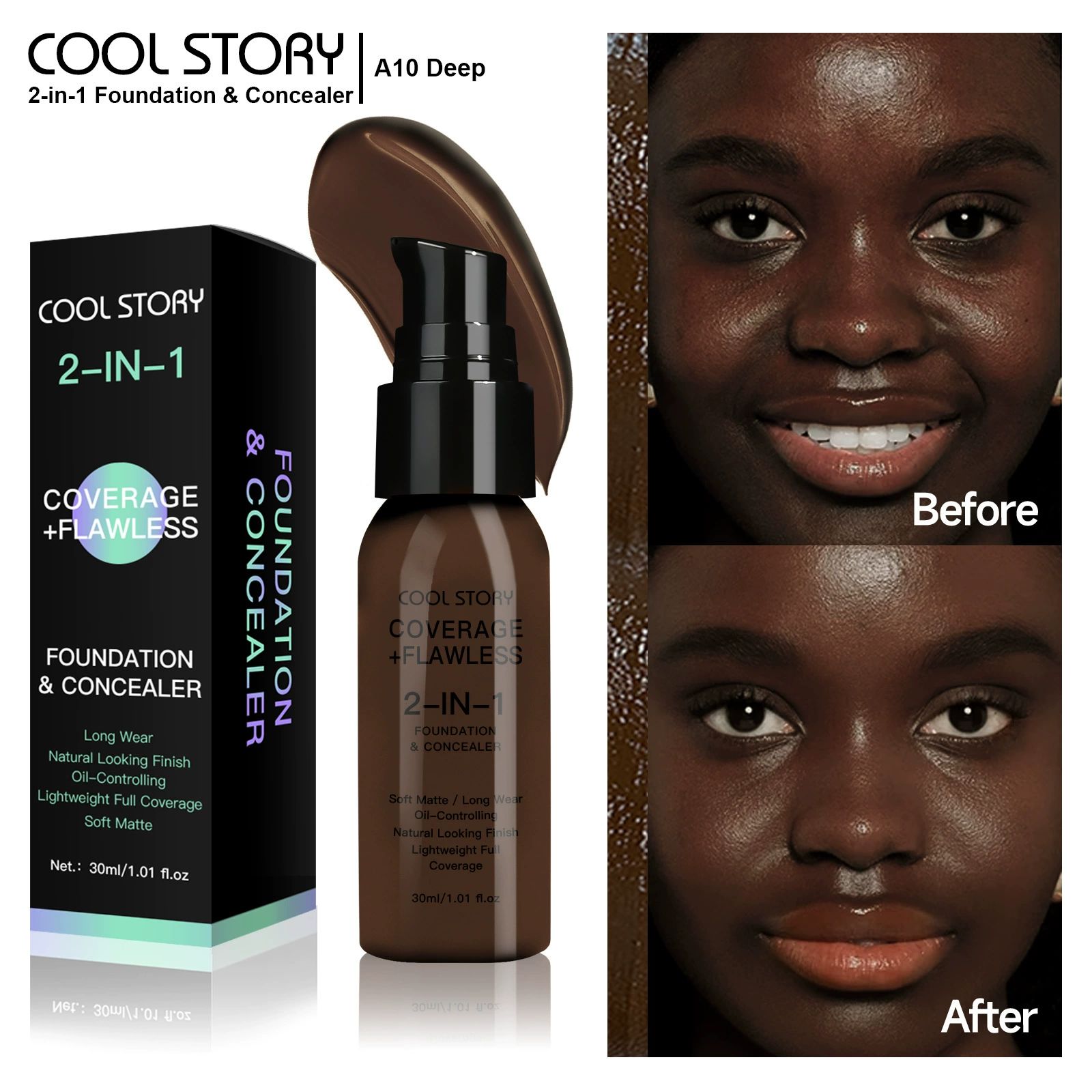 Waterproof Full Coverage Concealer With Primer Sponge Set, Smooth Matte Flawless Creamy Liquid Foundation Corrector Makeup Kit for Face Eye Dark Circles Spot Acne Scar Cover (Dark Natural)