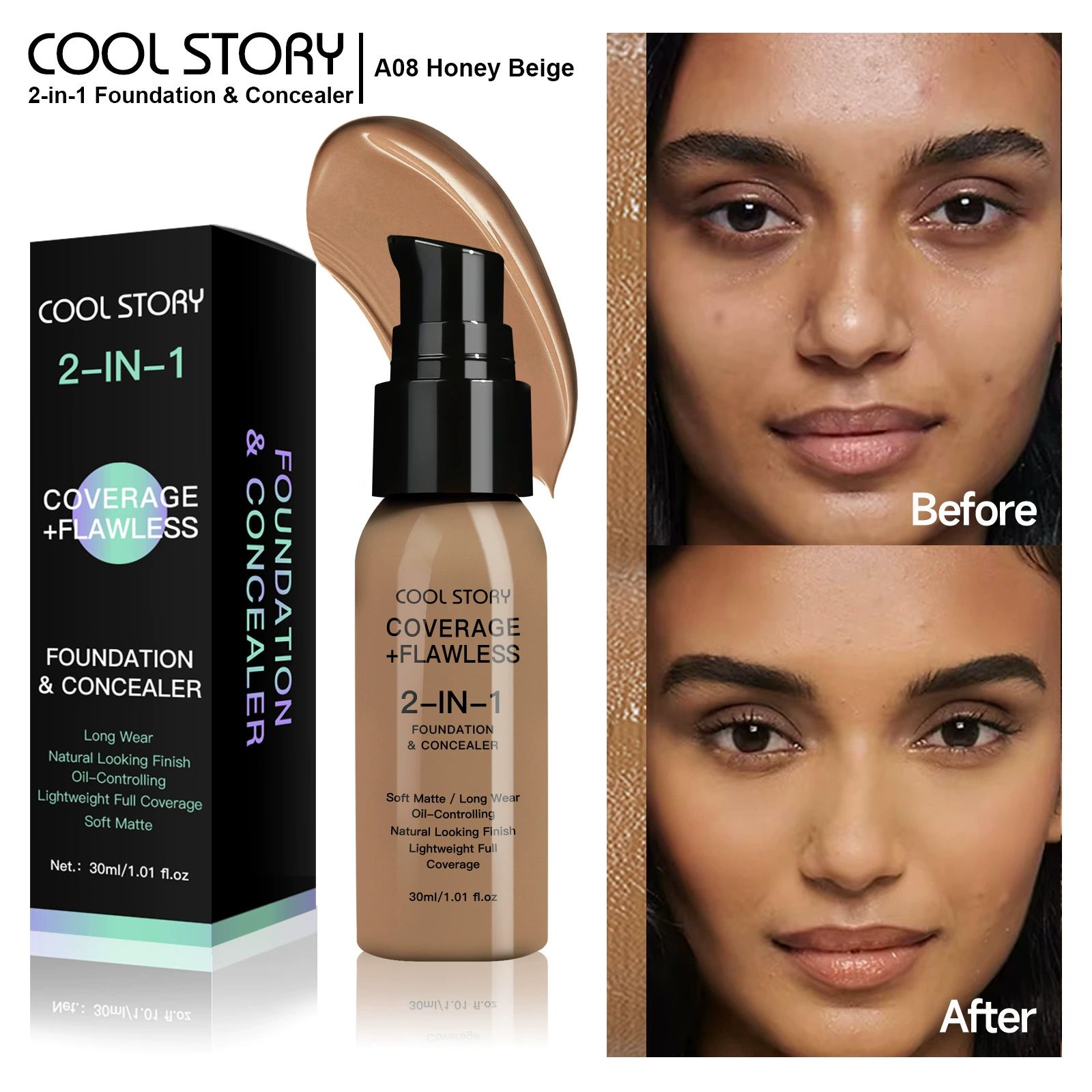 Waterproof Full Coverage Concealer With Primer Sponge Set, Smooth Matte Flawless Creamy Liquid Foundation Corrector Makeup Kit for Face Eye Dark Circles Spot Acne Scar Cover (Dark Natural)