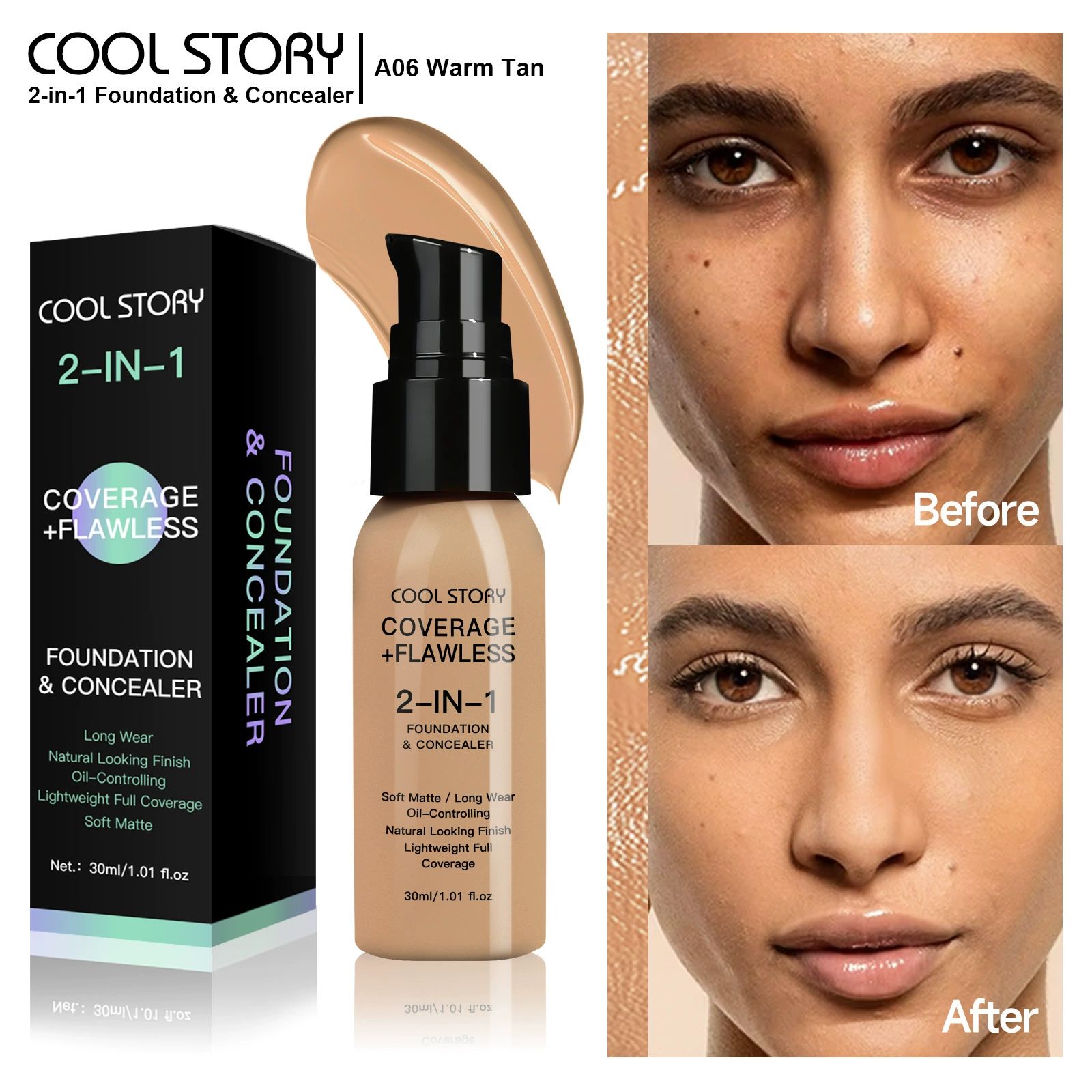 Waterproof Full Coverage Concealer With Primer Sponge Set, Smooth Matte Flawless Creamy Liquid Foundation Corrector Makeup Kit for Face Eye Dark Circles Spot Acne Scar Cover (Dark Natural)