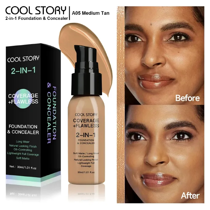 Waterproof Full Coverage Concealer With Primer Sponge Set, Smooth Matte Flawless Creamy Liquid Foundation Corrector Makeup Kit for Face Eye Dark Circles Spot Acne Scar Cover (Dark Natural)