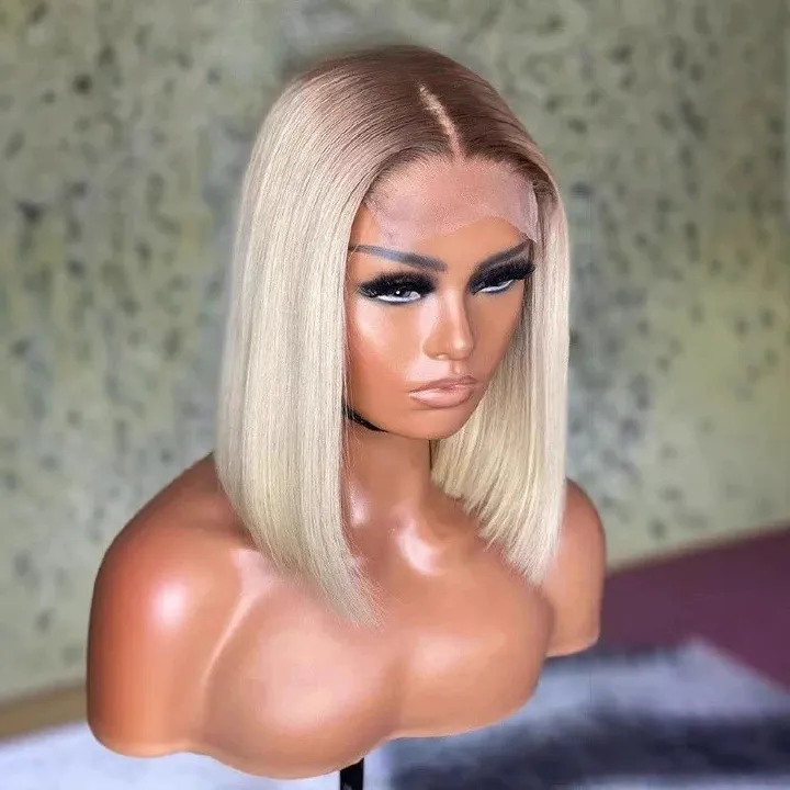 Ash Blonde Short Bob Wig Human Hair 180% Denstiy 13x4 HD Lace Front Human Hair Wig for Women Ombre Ash Blonde Glueless Straight Bob Wig with Dark Roots Invisible Knots 10 Inch