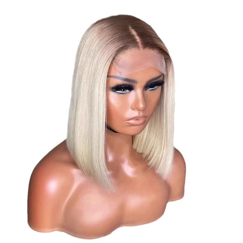 Ash Blonde Short Bob Wig Human Hair 180% Denstiy 13x4 HD Lace Front Human Hair Wig for Women Ombre Ash Blonde Glueless Straight Bob Wig with Dark Roots Invisible Knots 10 Inch
