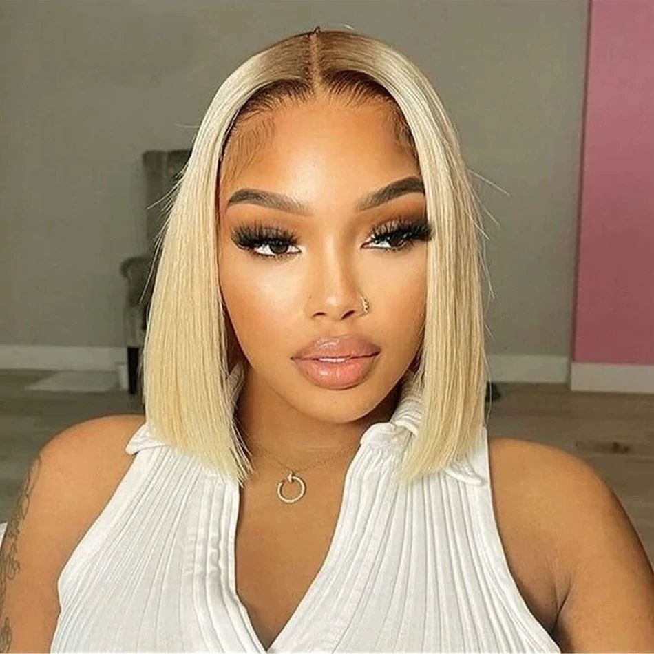 Ash Blonde Short Bob Wig Human Hair 180% Denstiy 13x4 HD Lace Front Human Hair Wig for Women Ombre Ash Blonde Glueless Straight Bob Wig with Dark Roots Invisible Knots 10 Inch