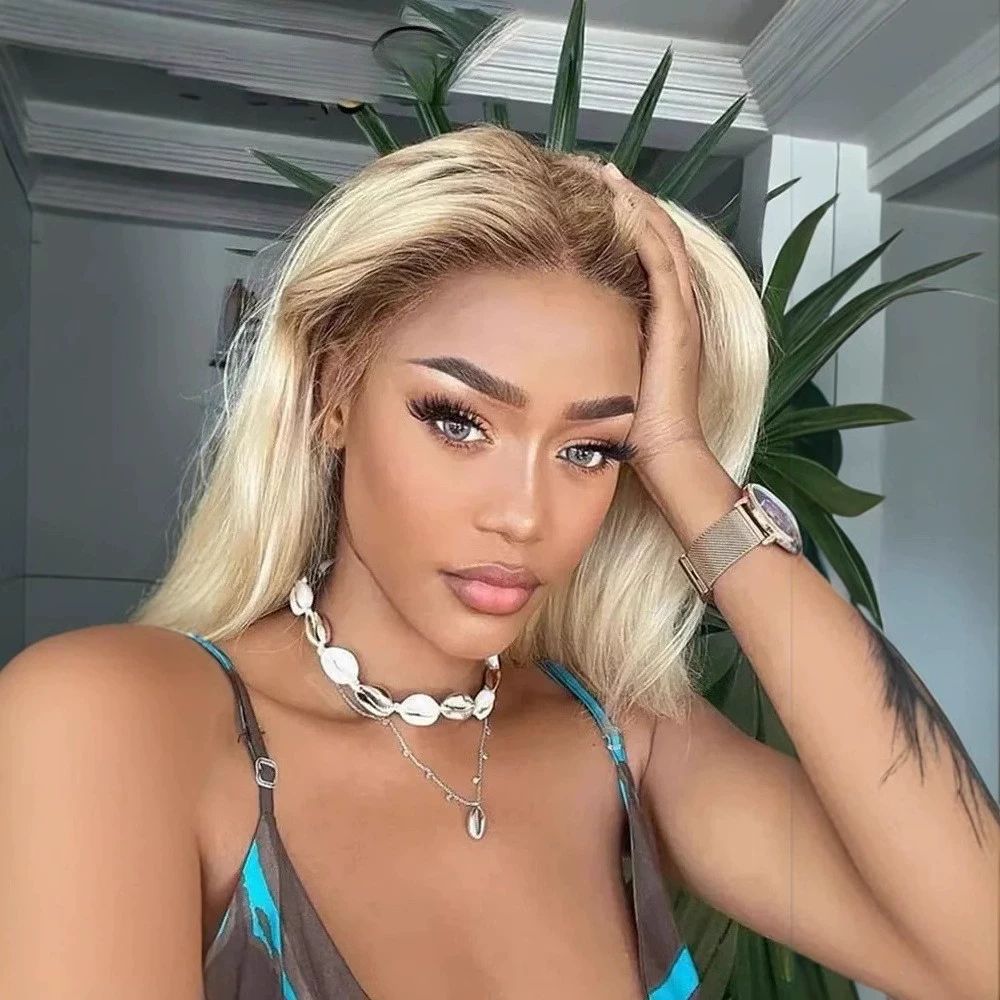 Ash Blonde Short Bob Wig Human Hair 180% Denstiy 13x4 HD Lace Front Human Hair Wig for Women Ombre Ash Blonde Glueless Straight Bob Wig with Dark Roots Invisible Knots 10 Inch